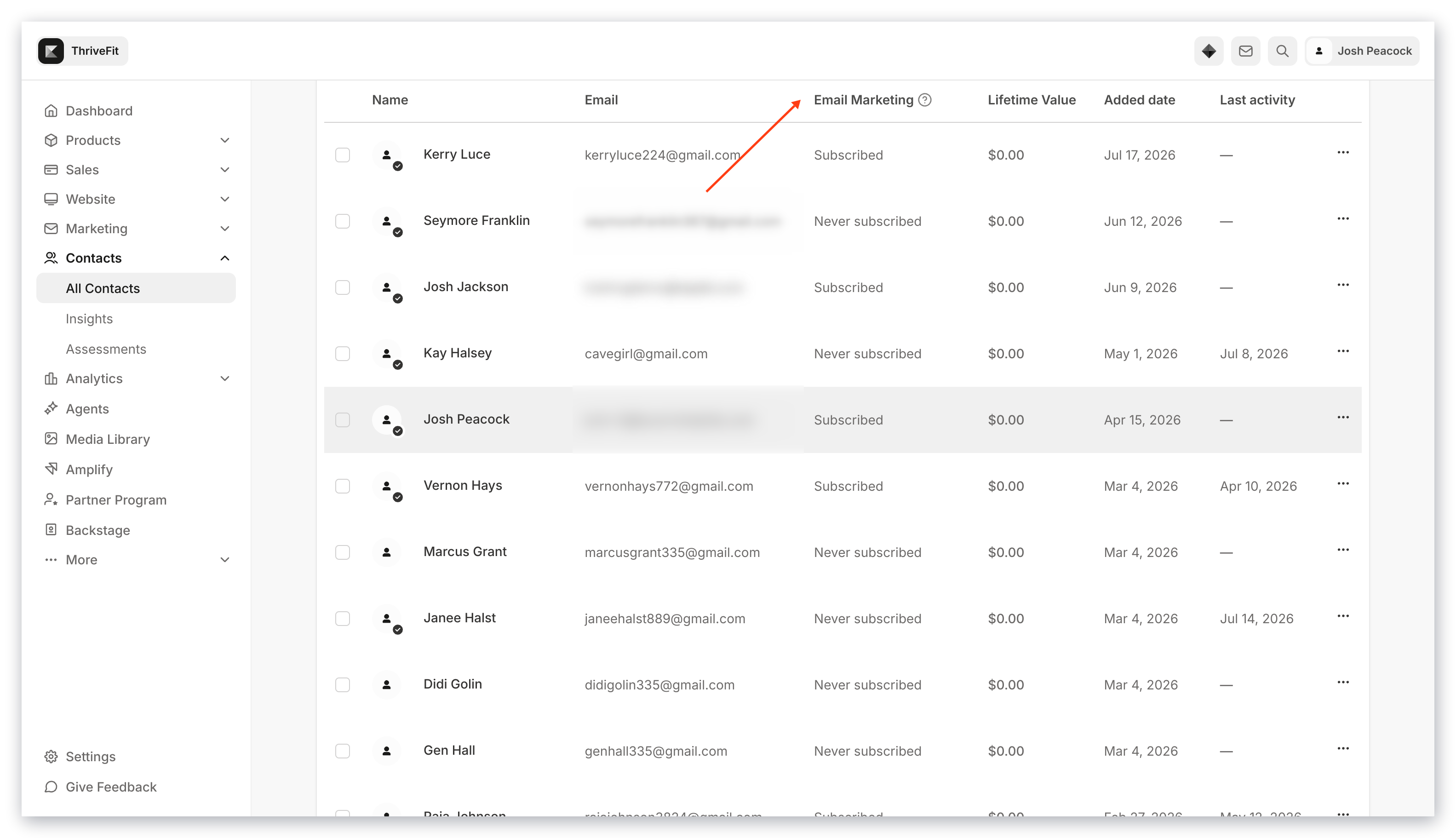 Subscription status in Contacts tab
