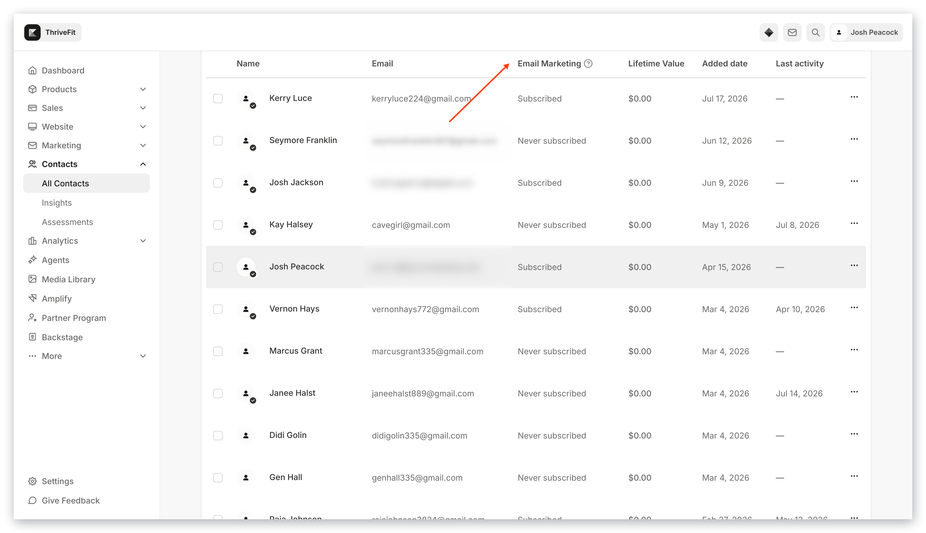 Subscription status in Contacts tab