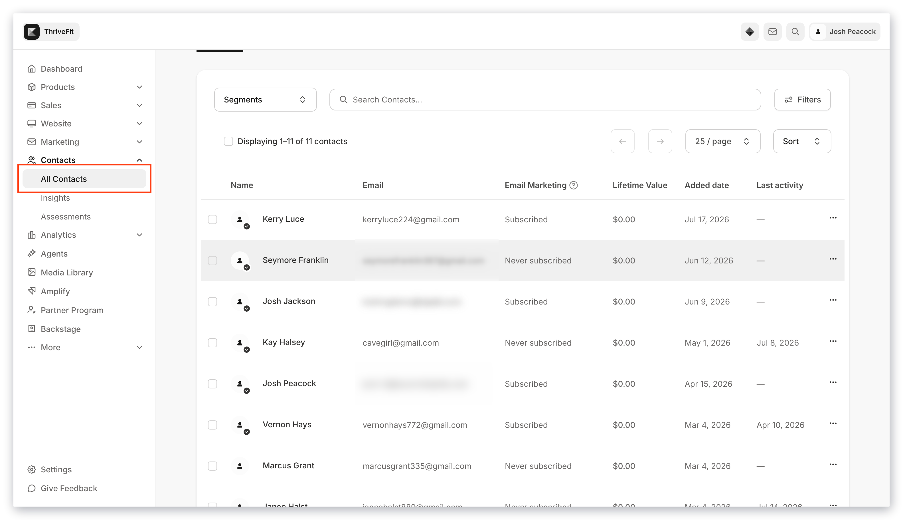 Contacts tab overview