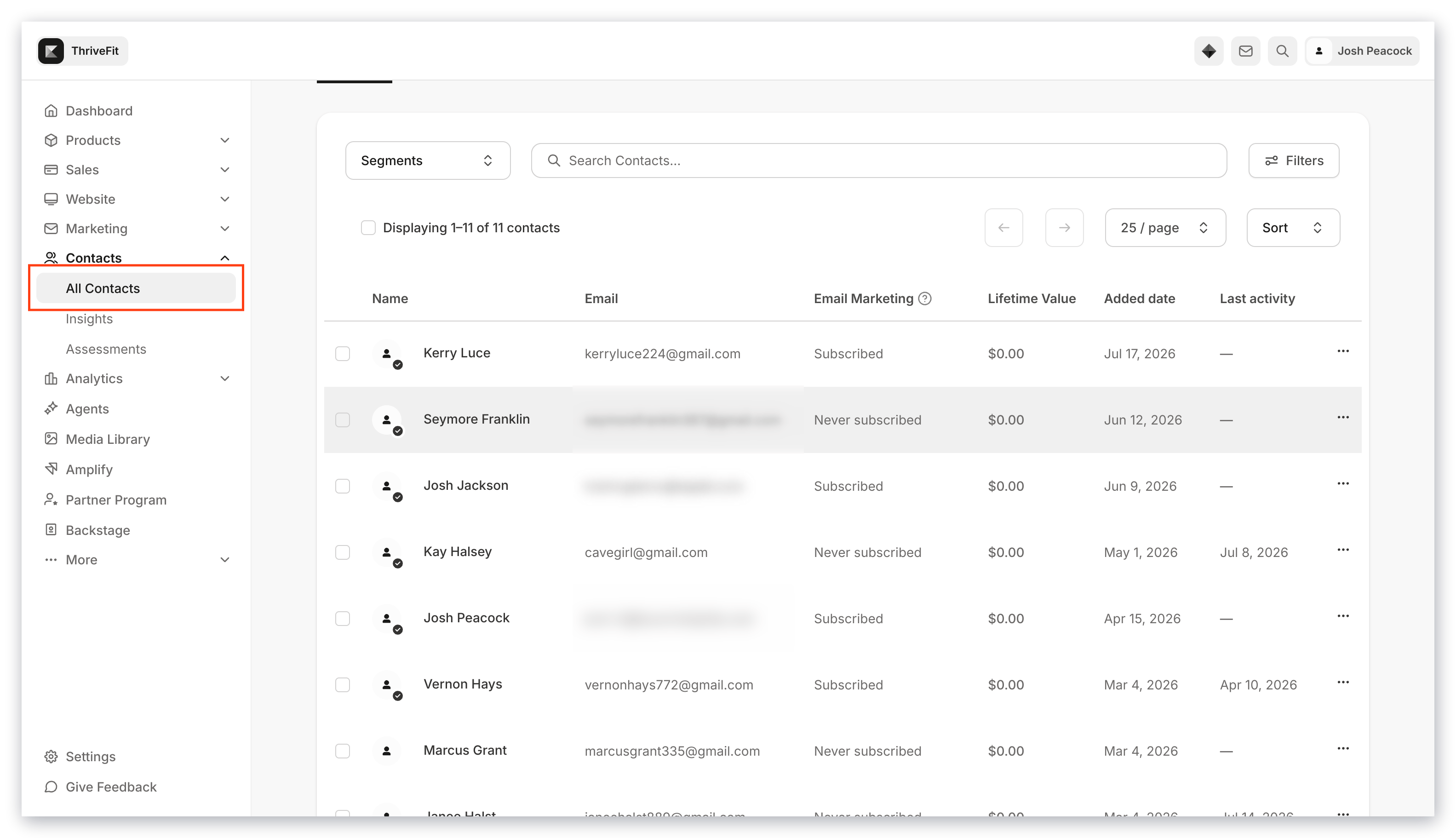 Contacts tab overview