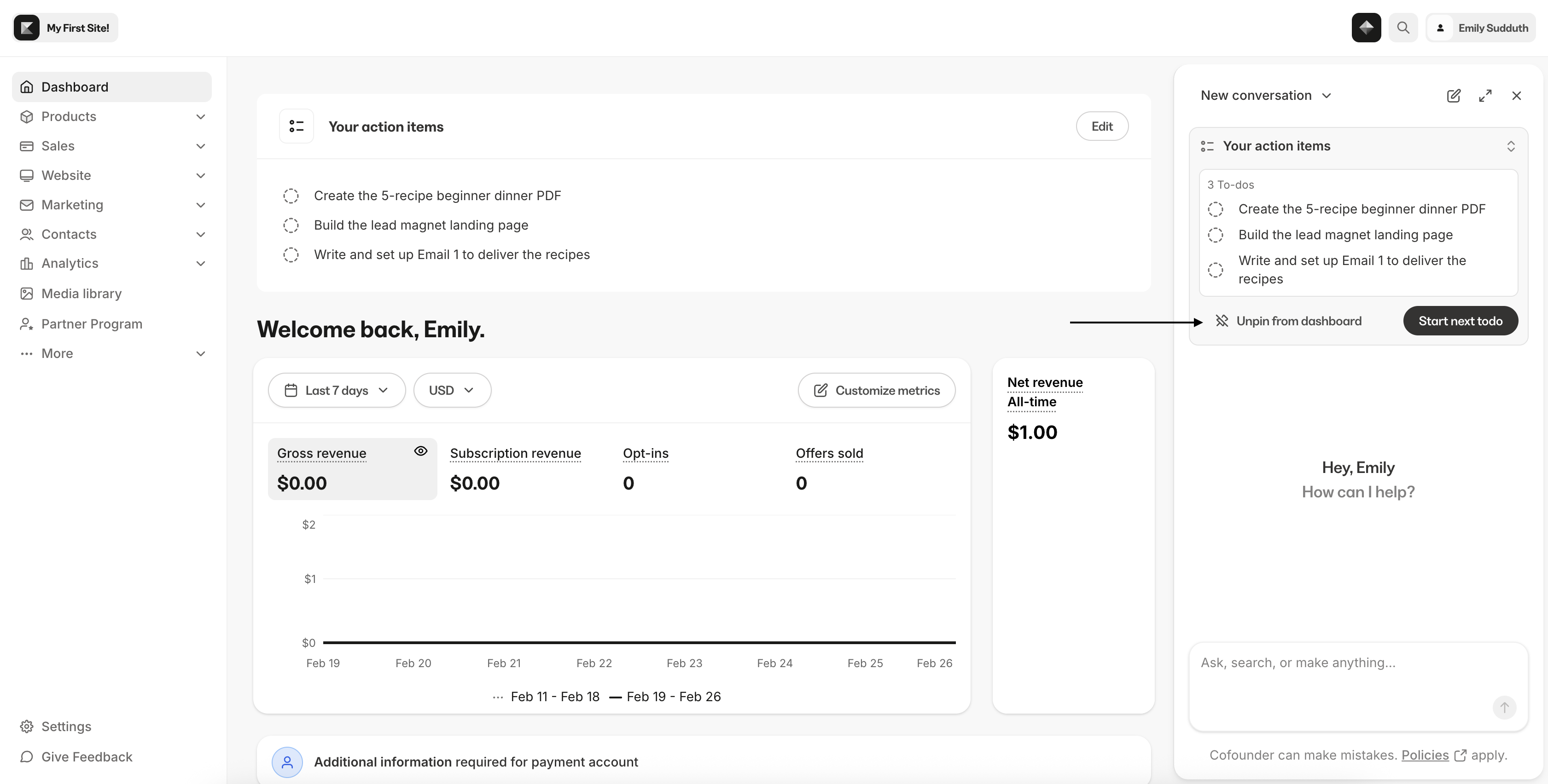 Dashboard checklist showing Cofounder action items