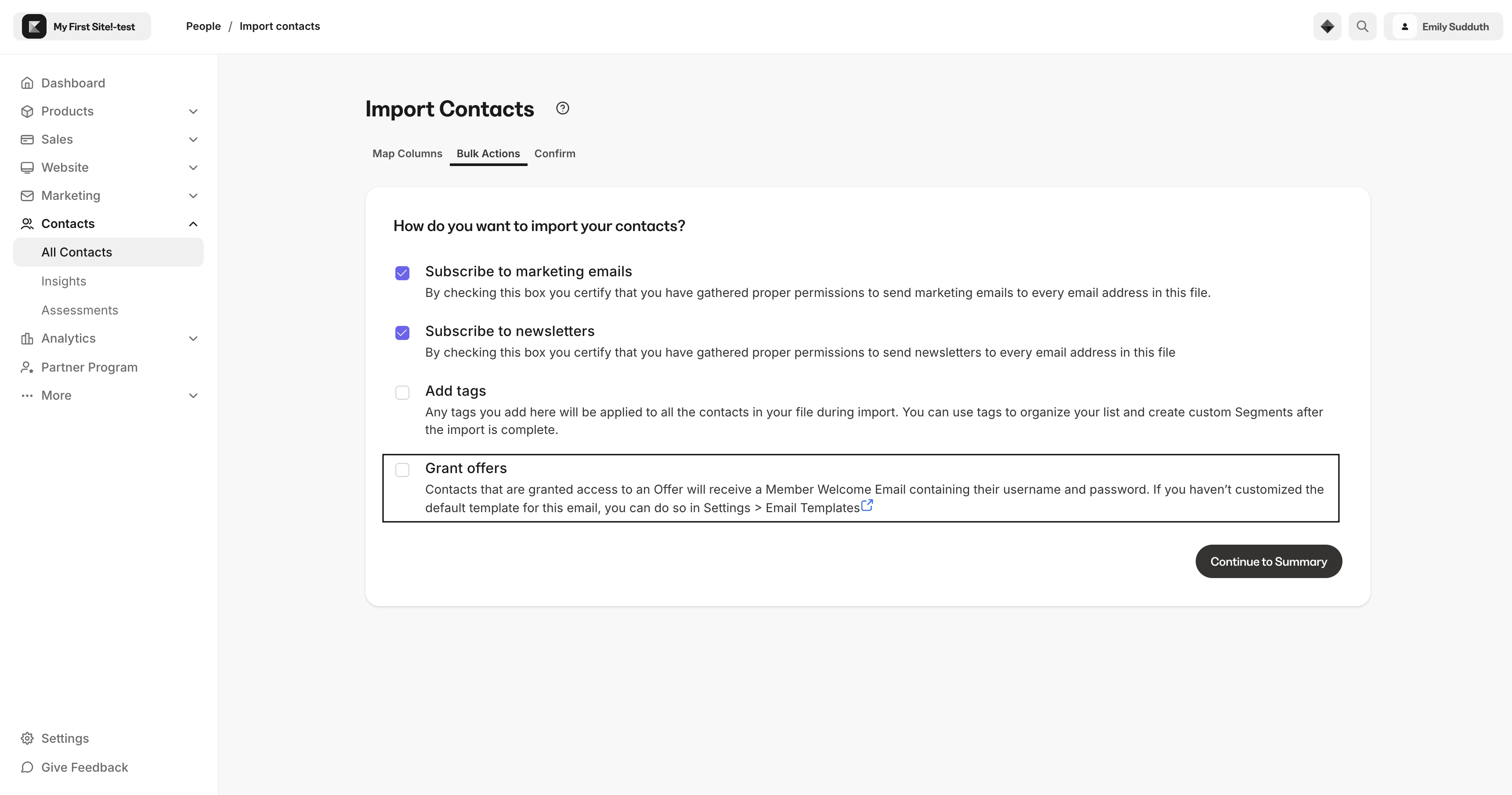 Import contact grant offers