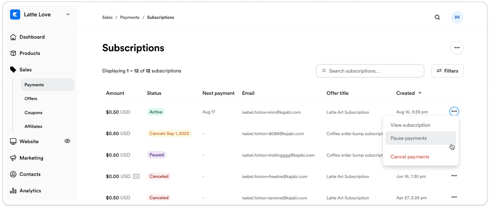 Subscriptions page