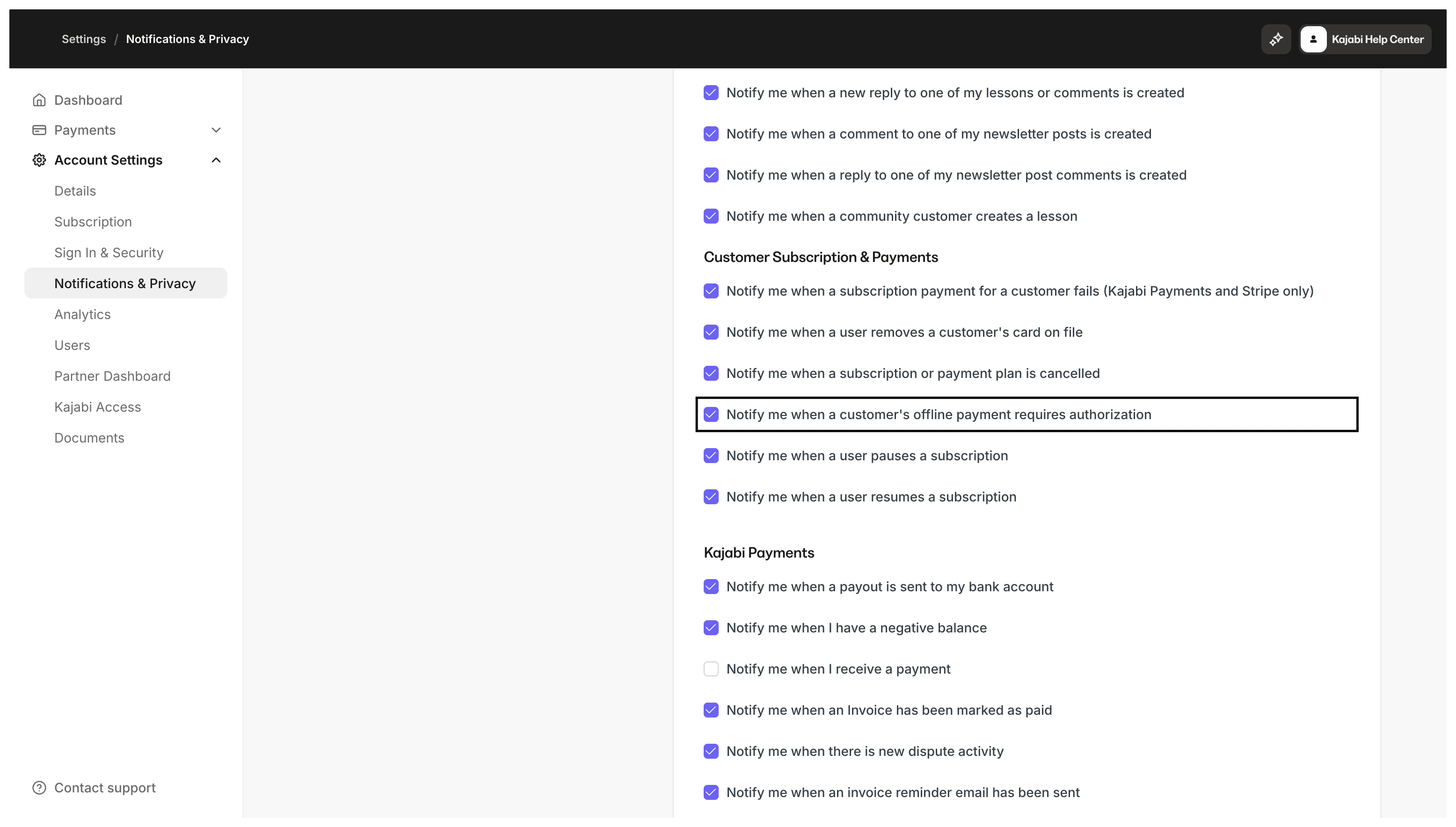 Email notification preferences