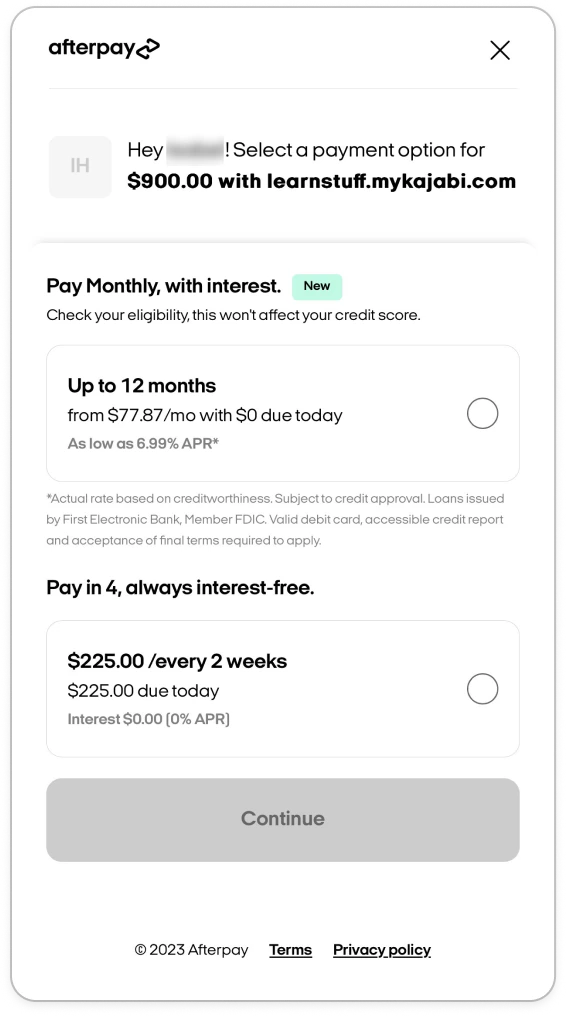 Afterpay payment options