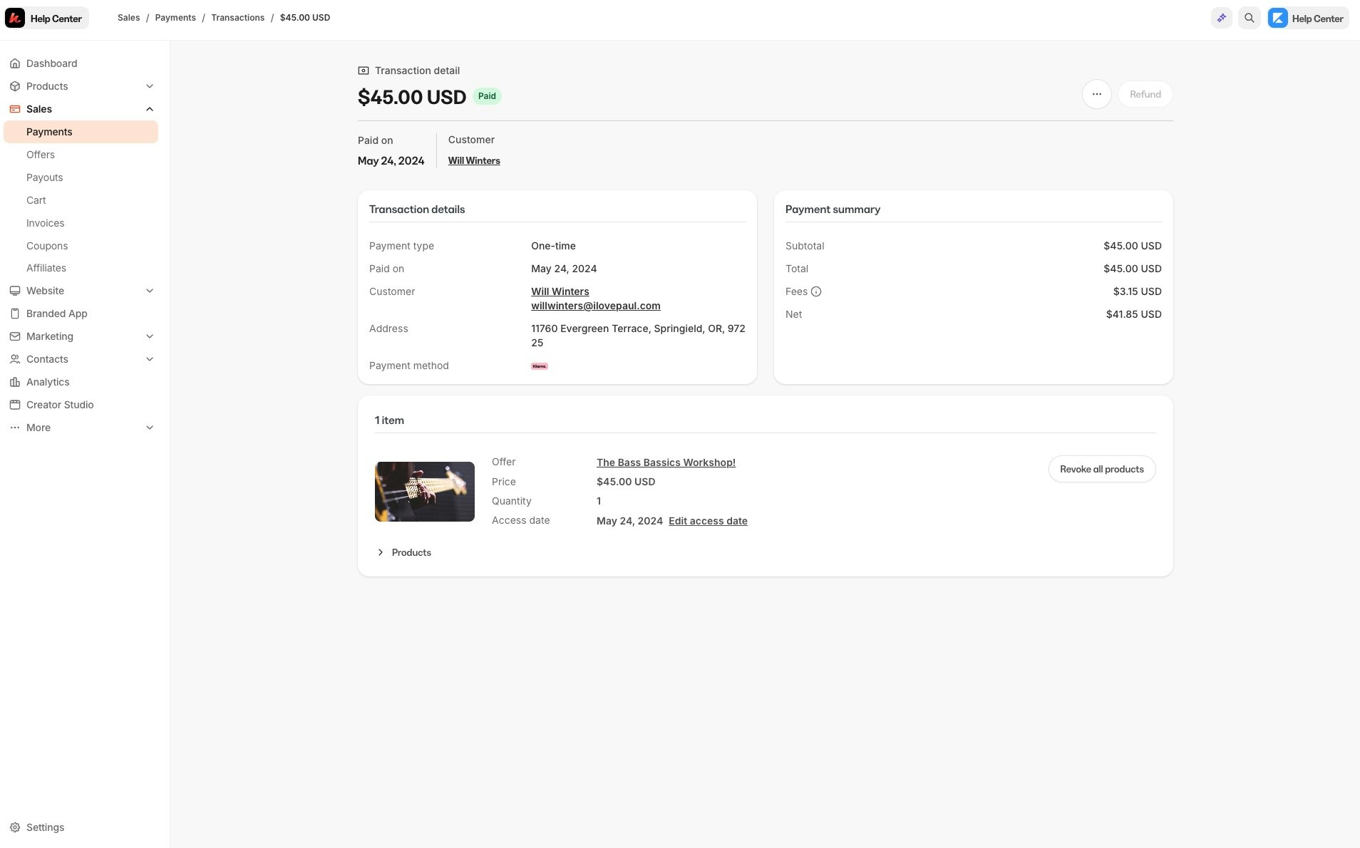 Transaction details page