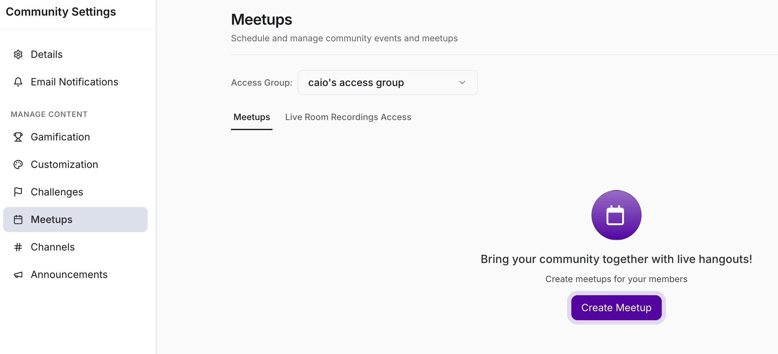 Community Settings Create Meetup