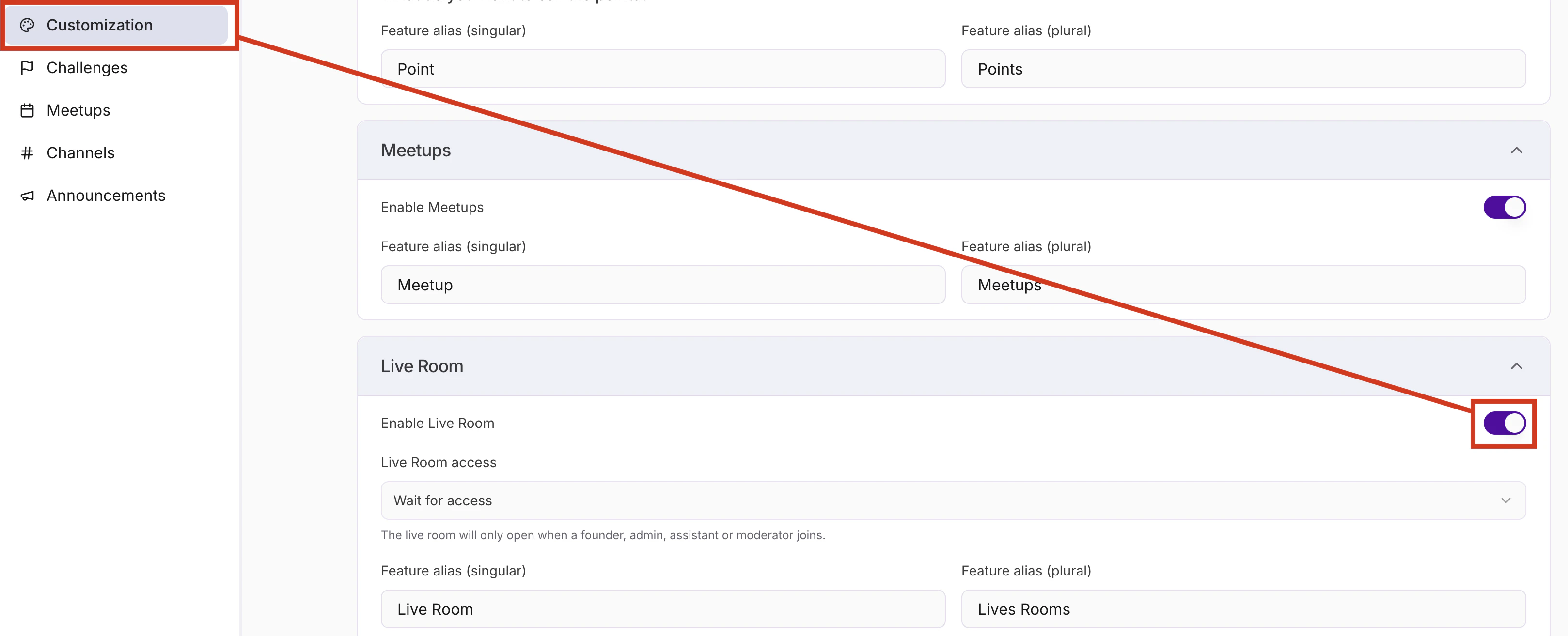 Community Settings Disable Live Room