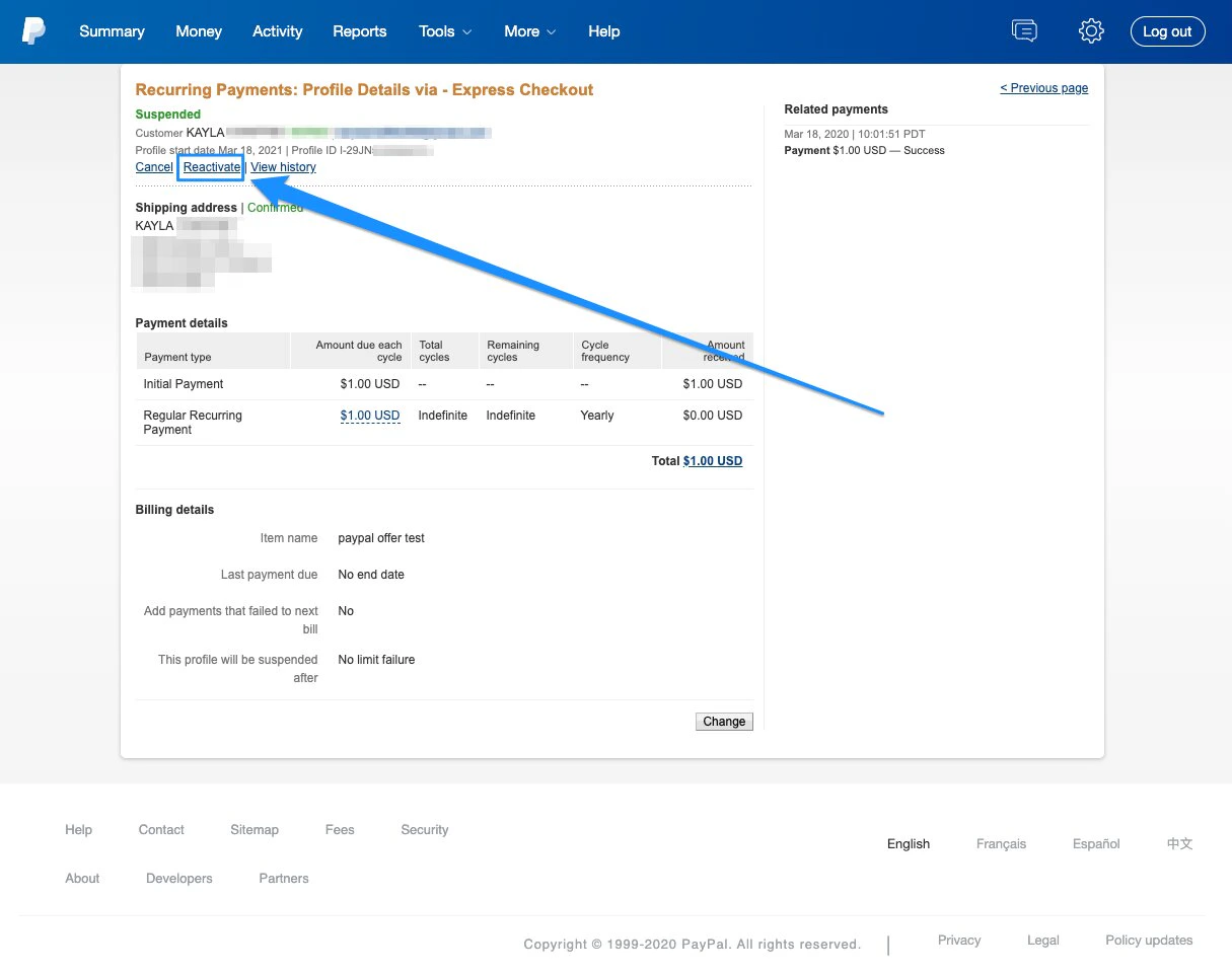 Reactivate PayPal subscription