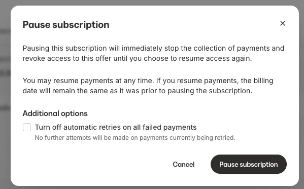 Pause subscription dialog