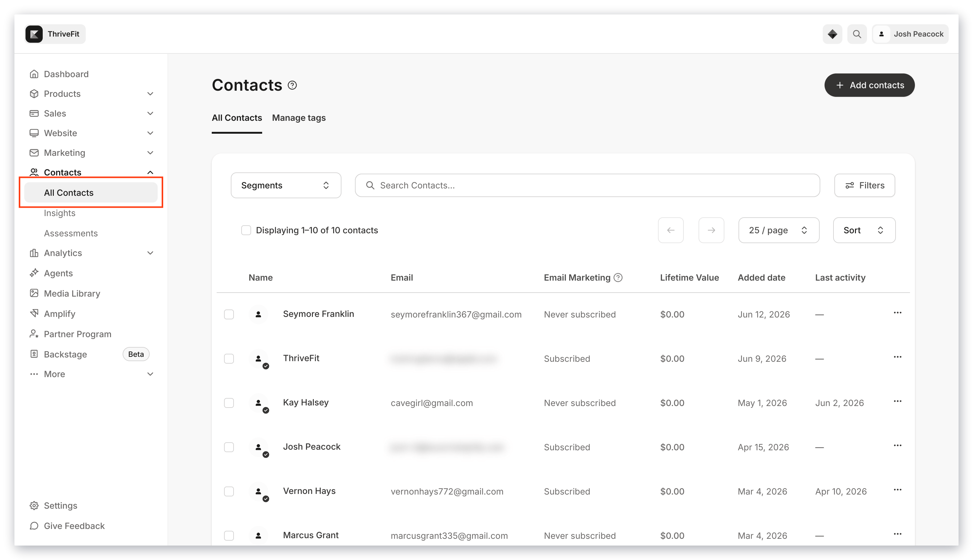 Kajabi Contacts page