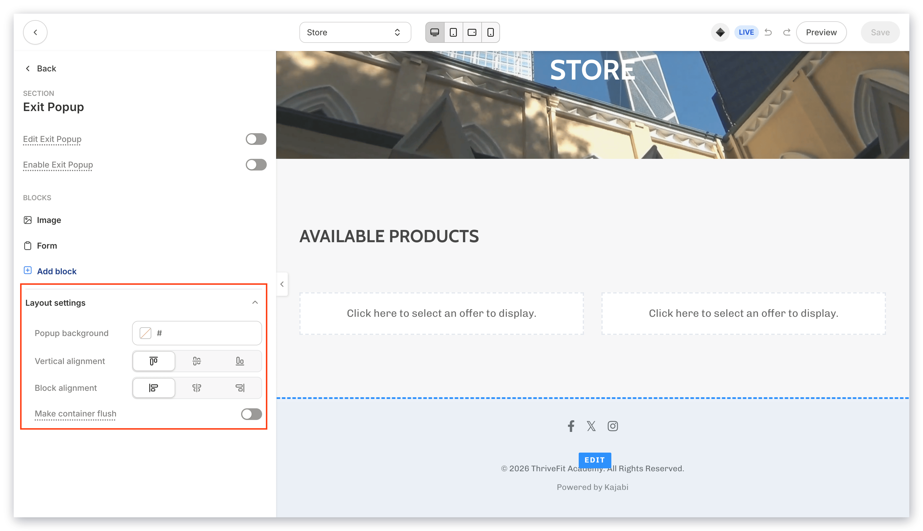 Popup Layout Settings