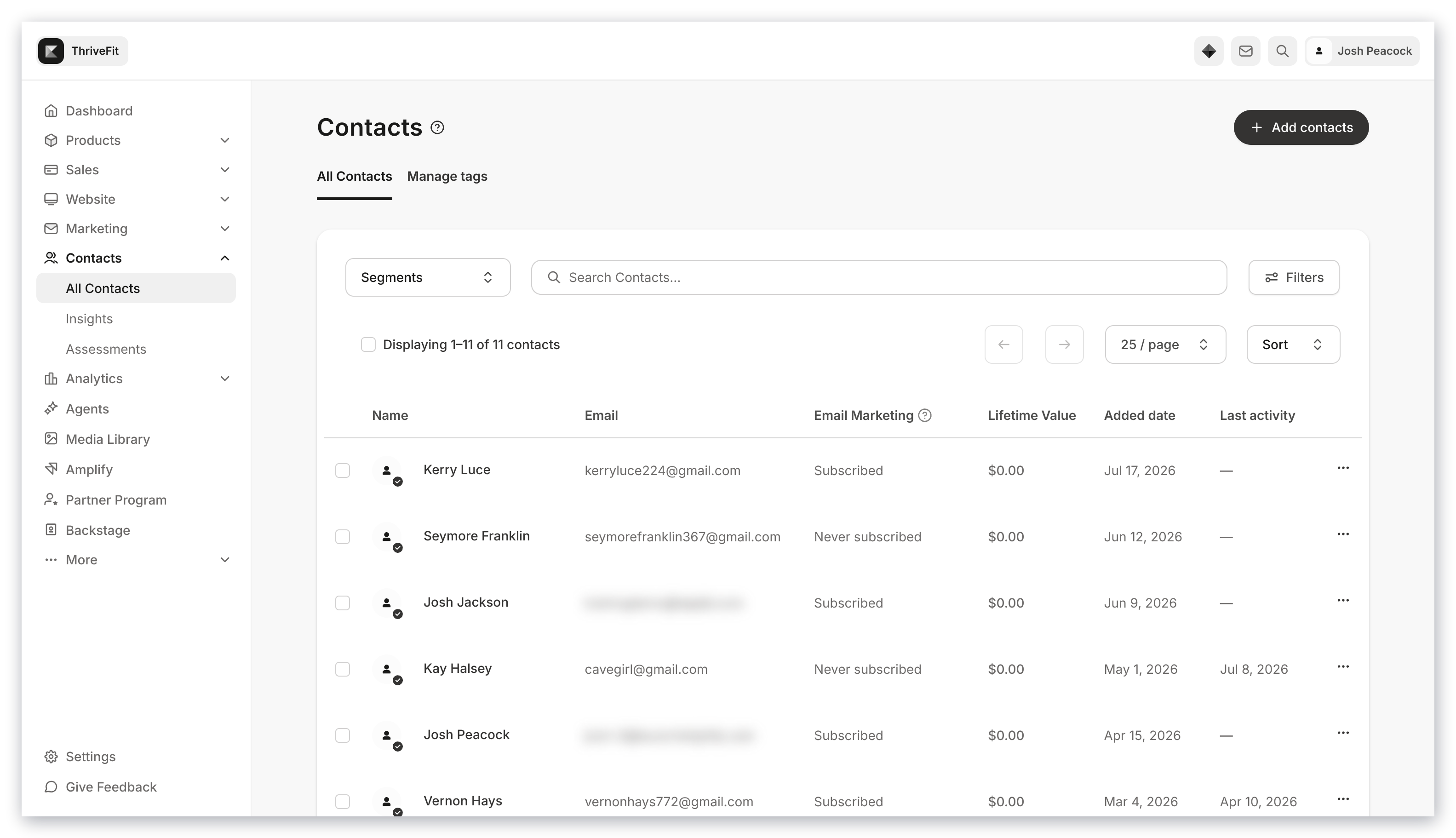 Contacts tab overview