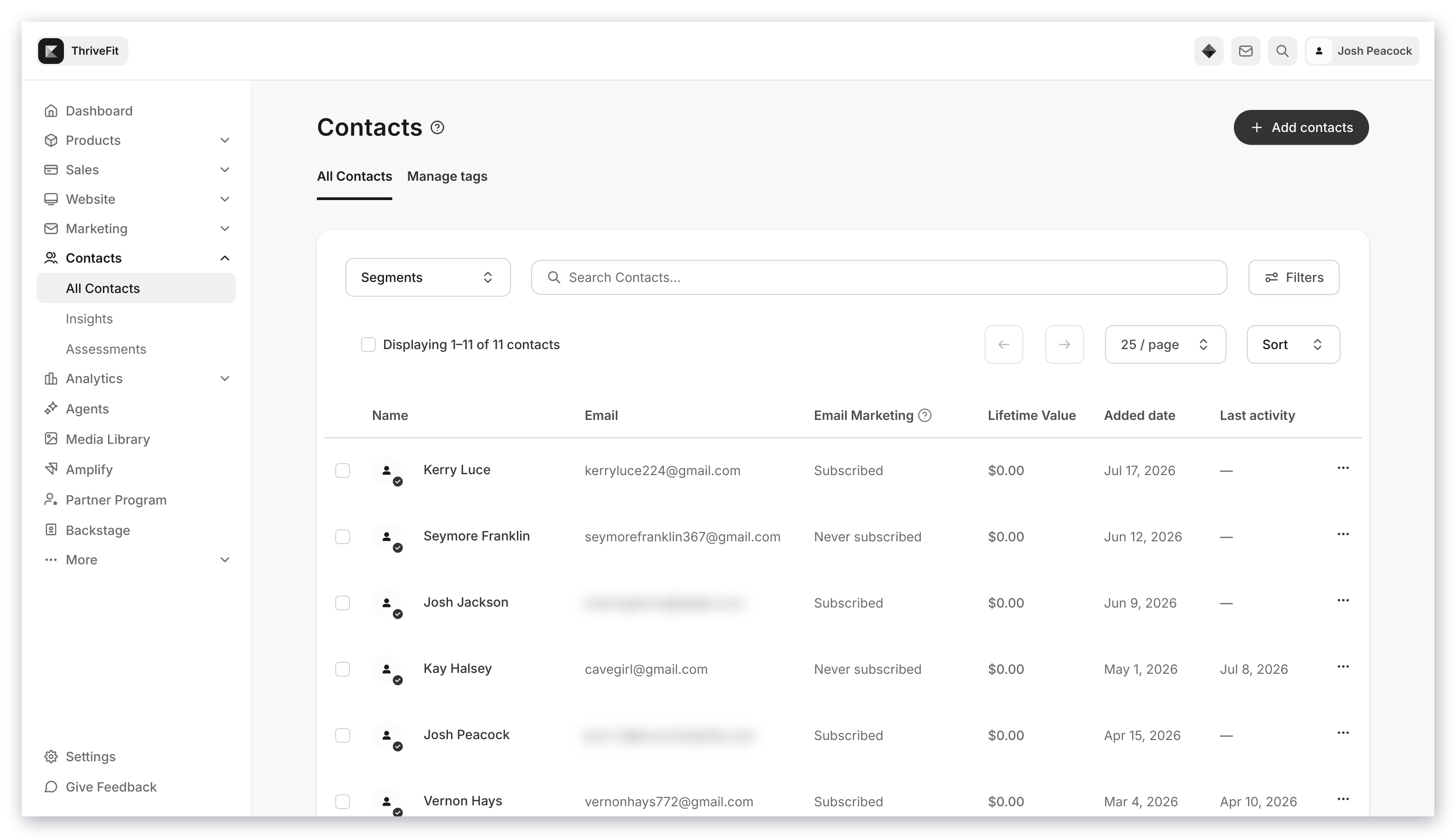 Contacts tab overview