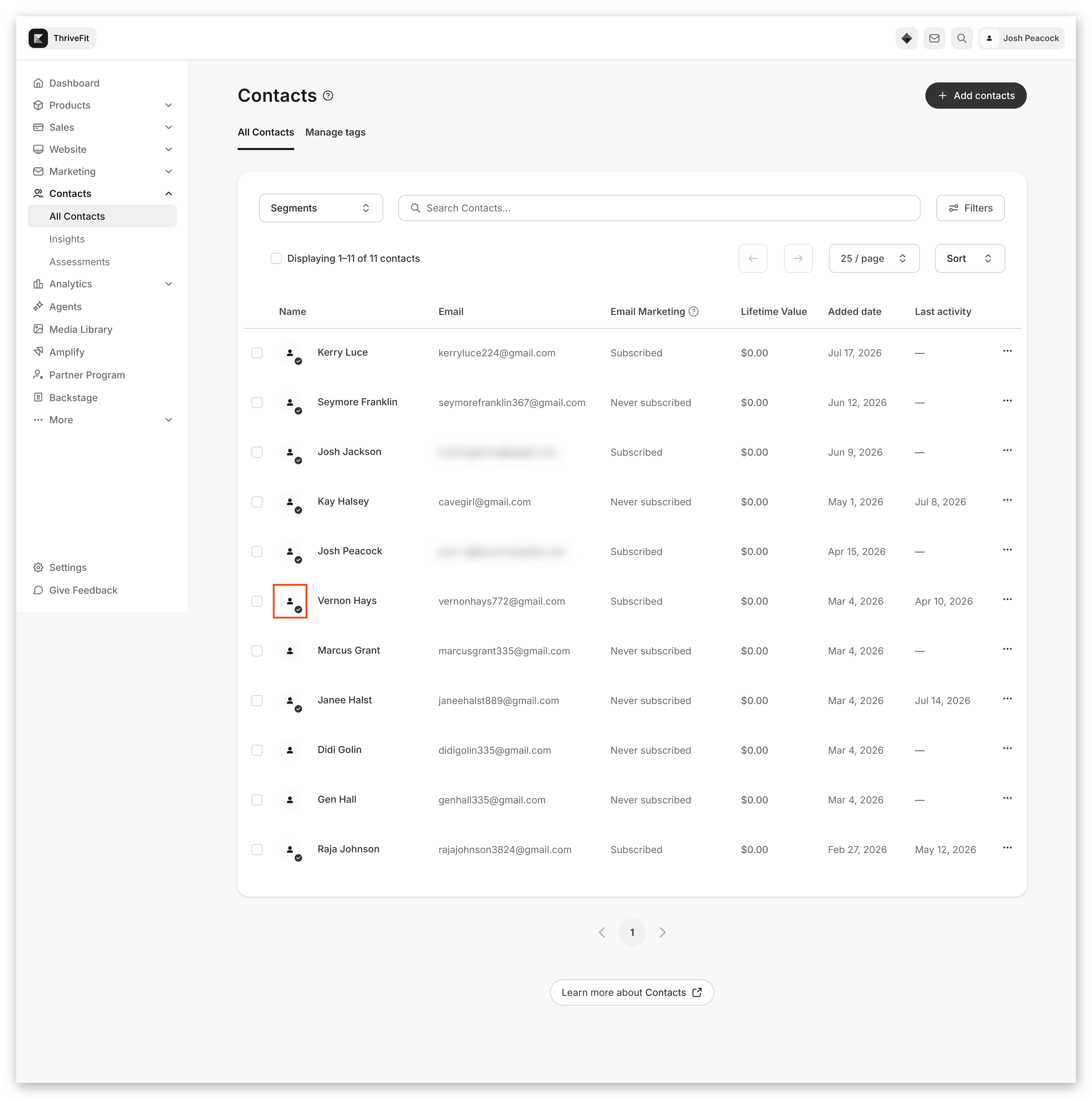 Customer badge in the Contacts tab