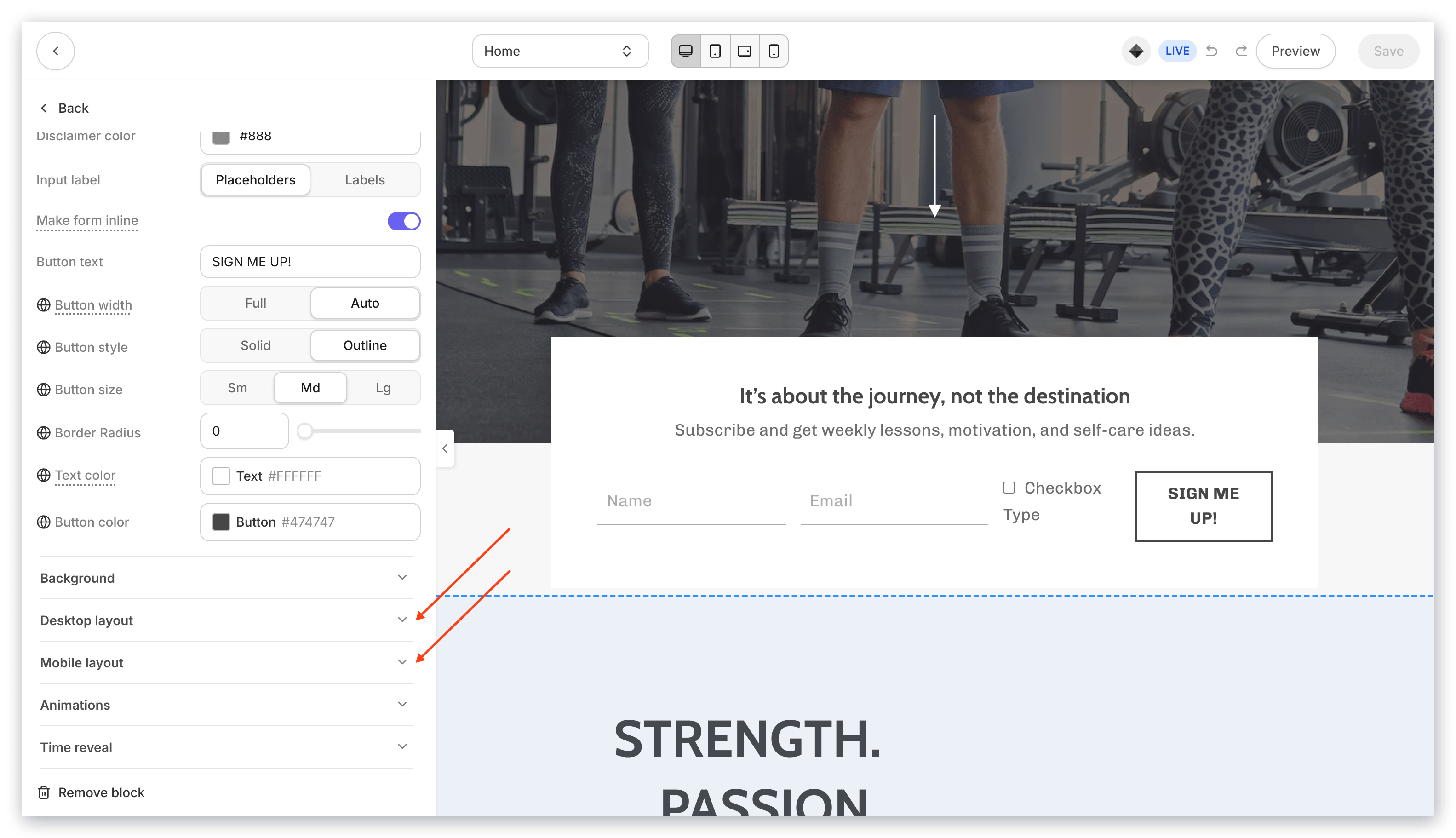 Section Layout Settings
