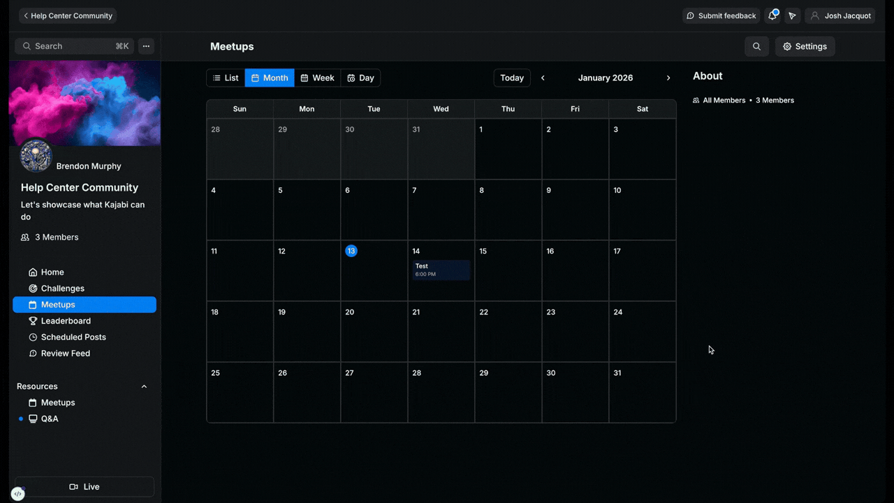 You can view meetups as a list or in a monthly, weekly, or daily calendar on the Meetups page.