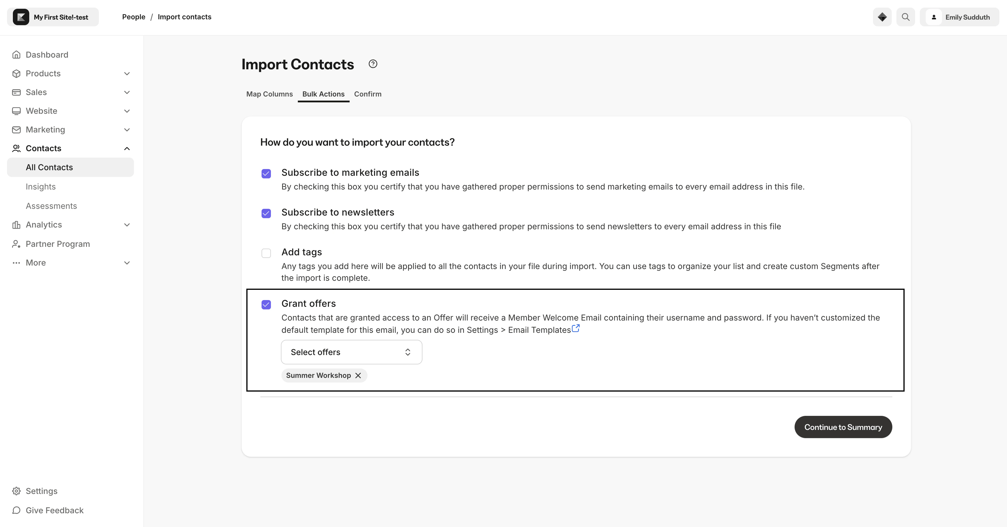 Import contacts and grant selected offer
