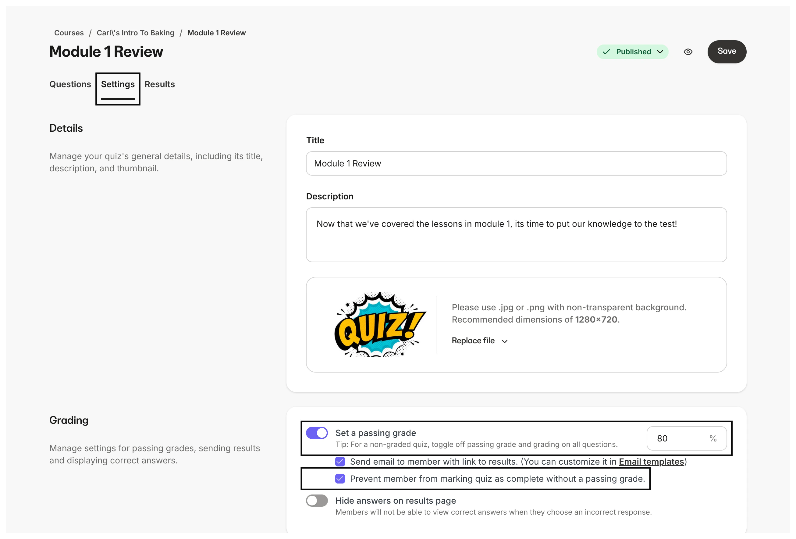 Quiz passing grade setting