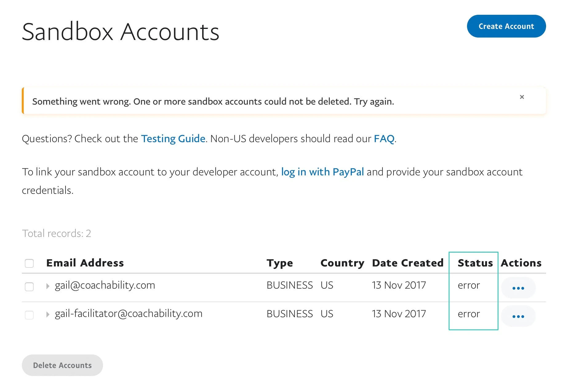 Sandbox account status error