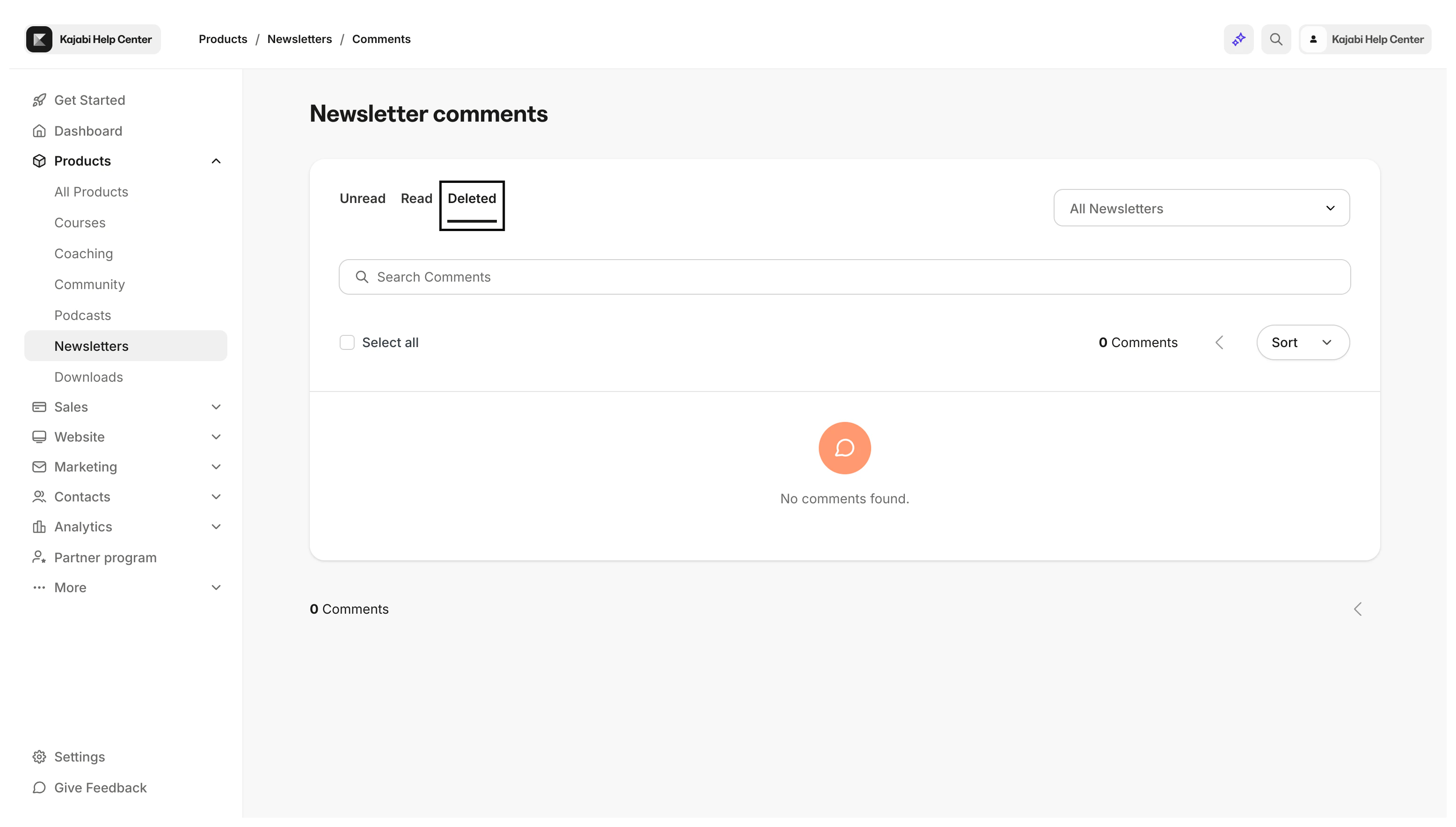 Deleted comments tab