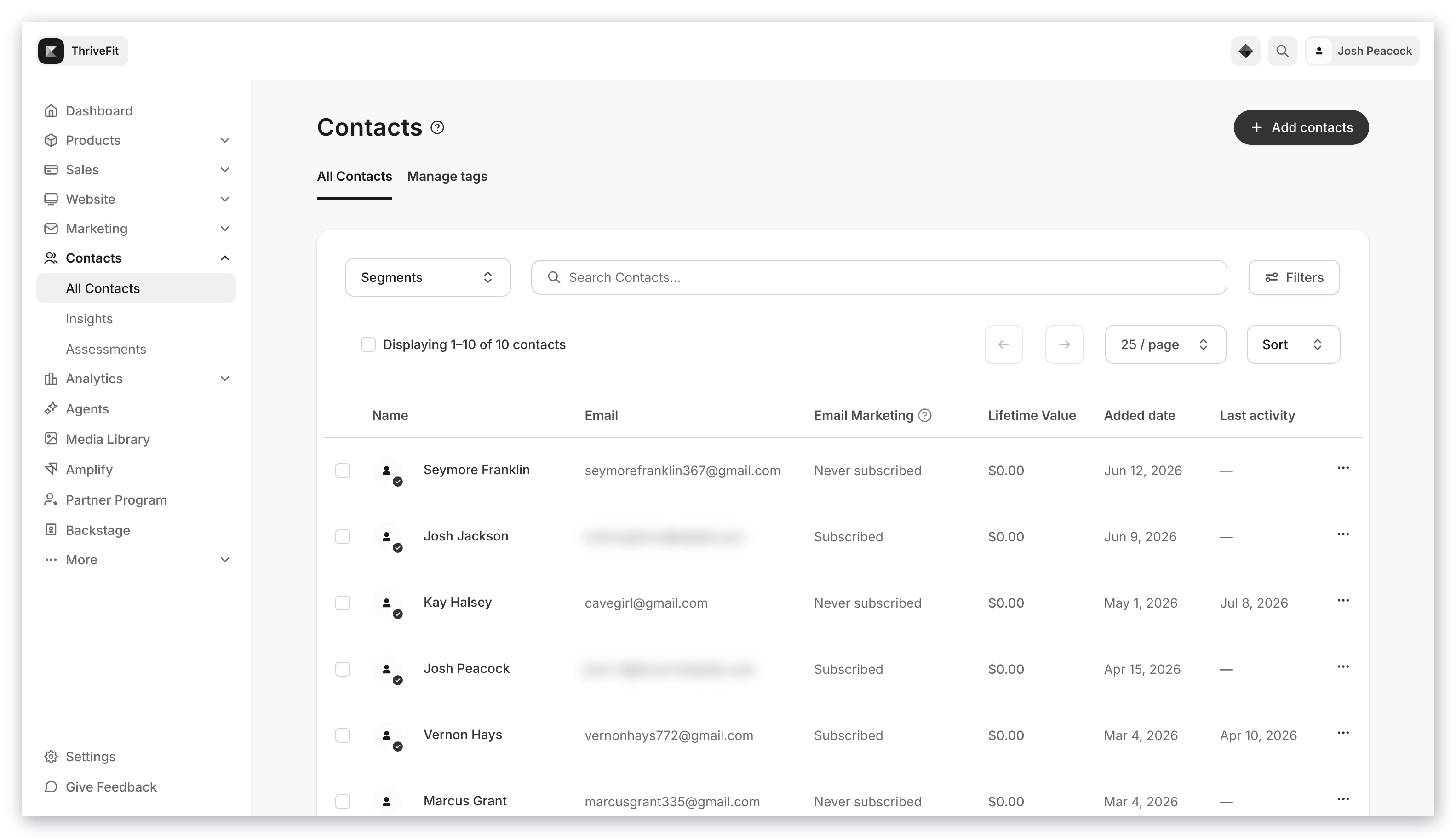 Contacts tab overview