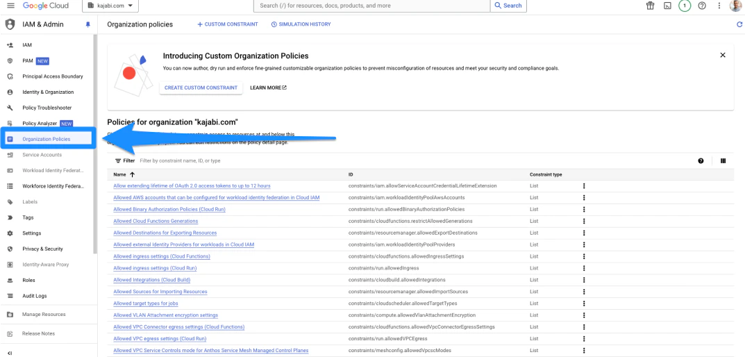 Organization Policies tab