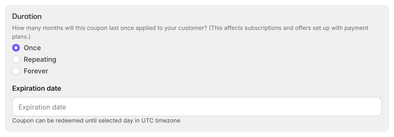 Coupon duration settings
