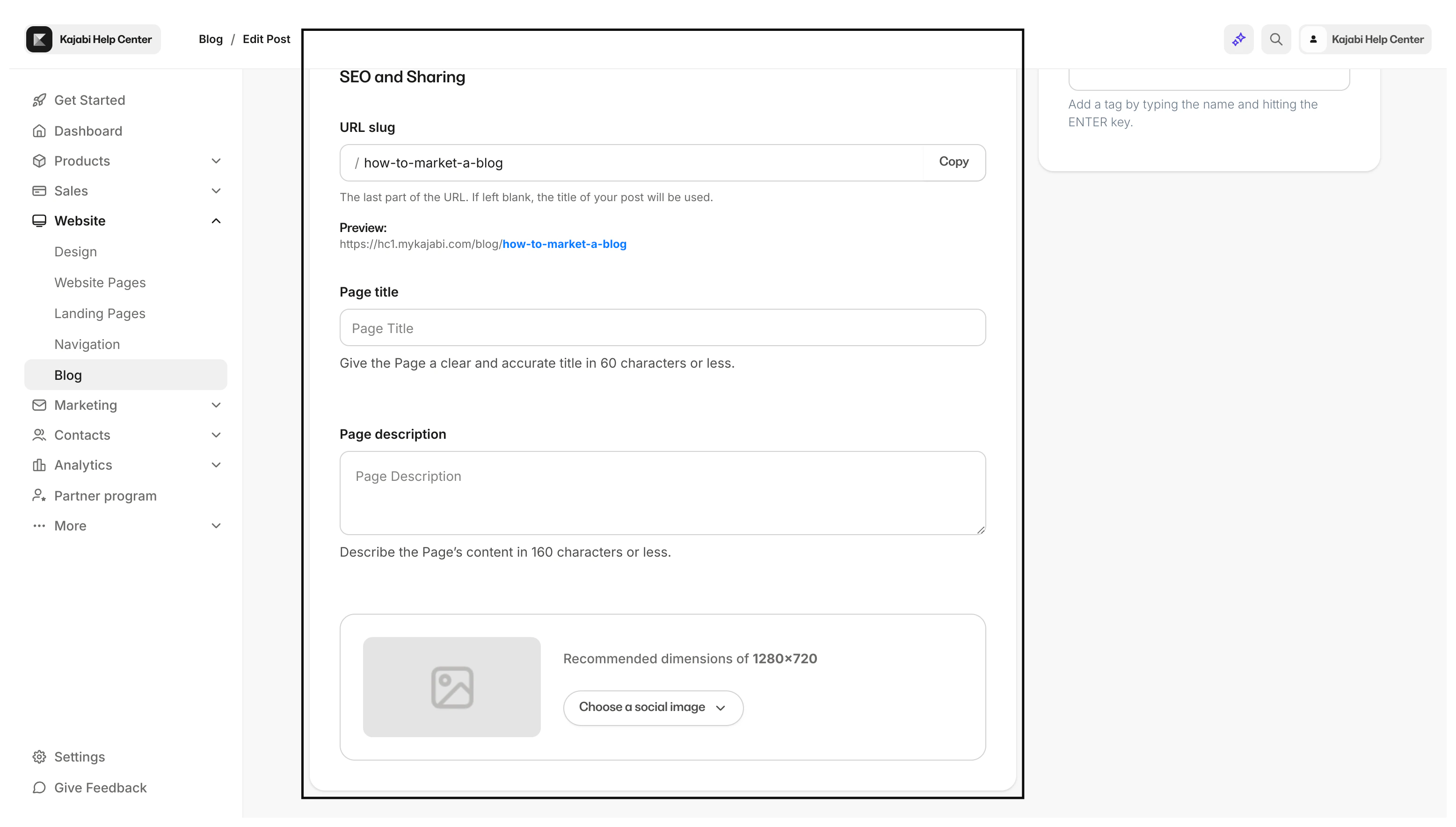 SEO and Sharing Settings for Post