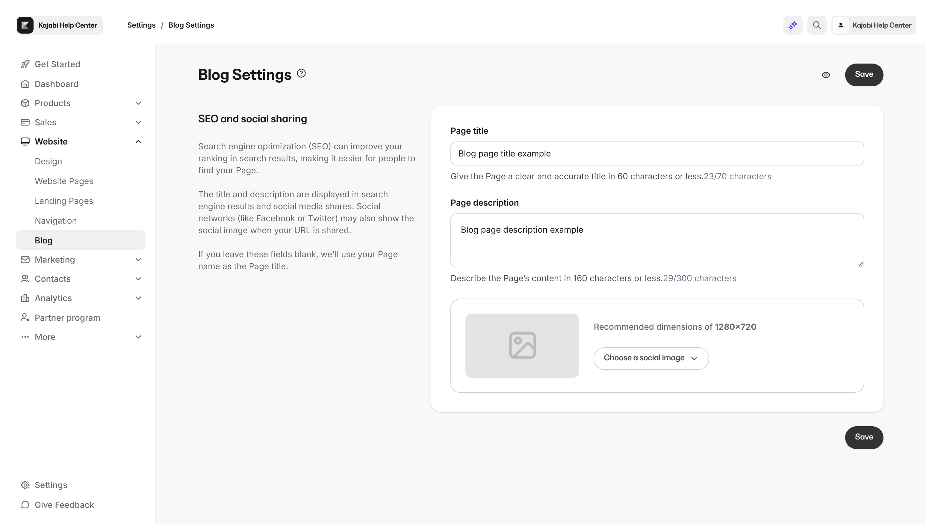 SEO and Sharing Settings for Blog