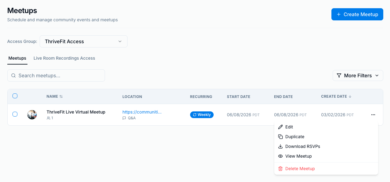Community Settings Meetup Row Actions