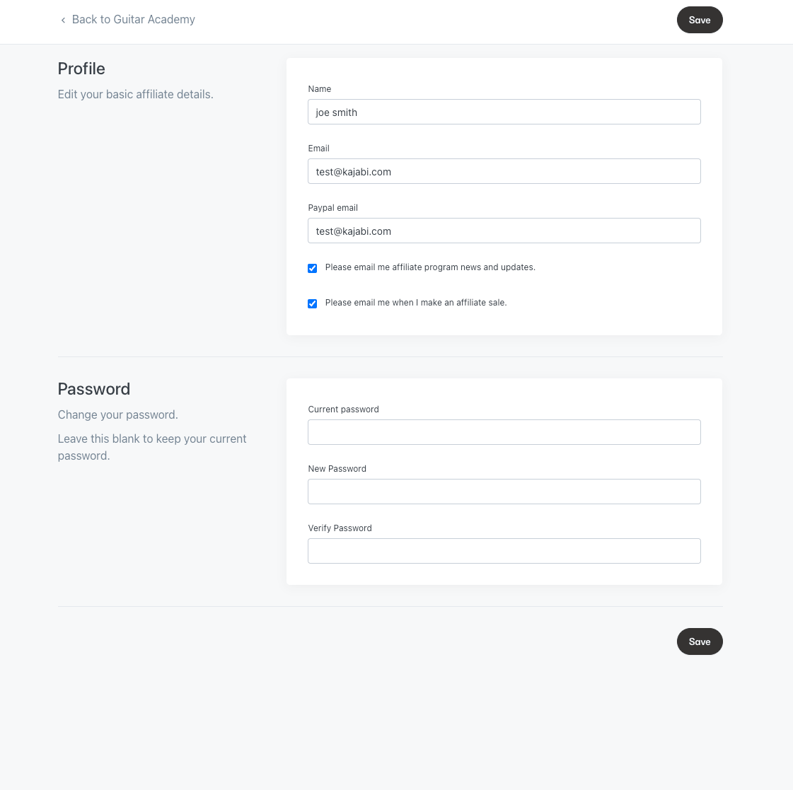 Affiliate Settings