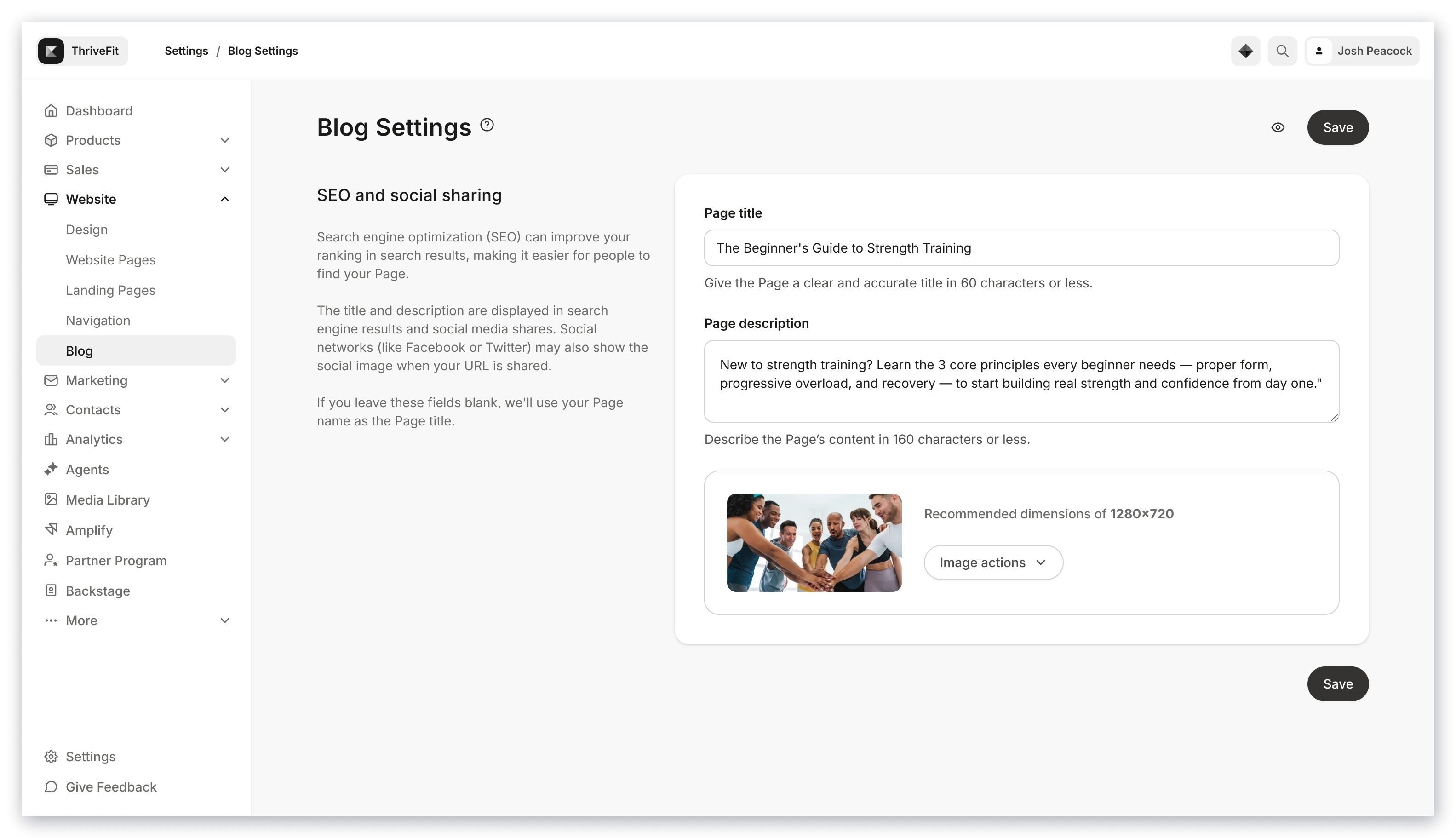 SEO and Sharing Settings for Blog