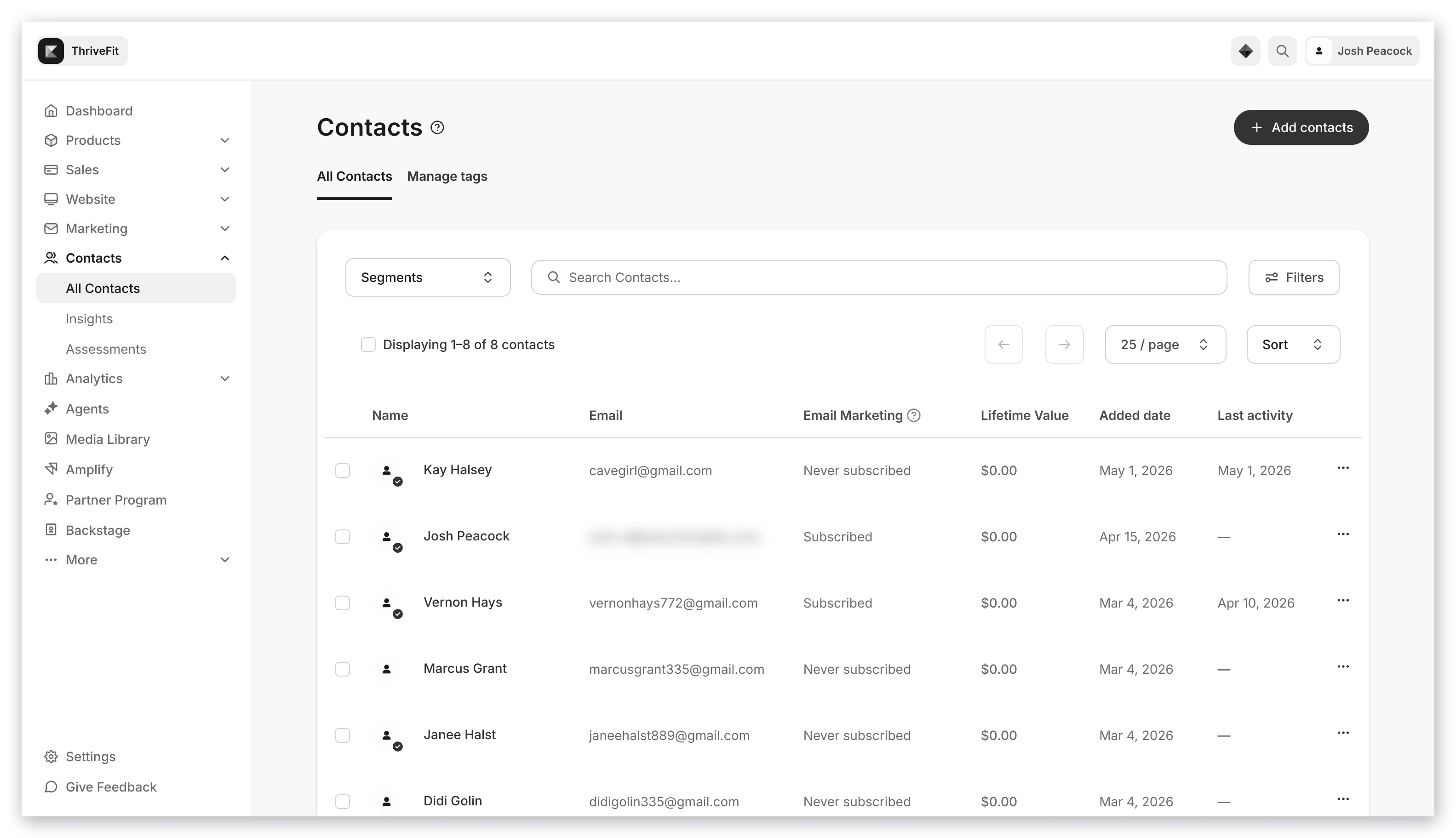 Contacts tab overview