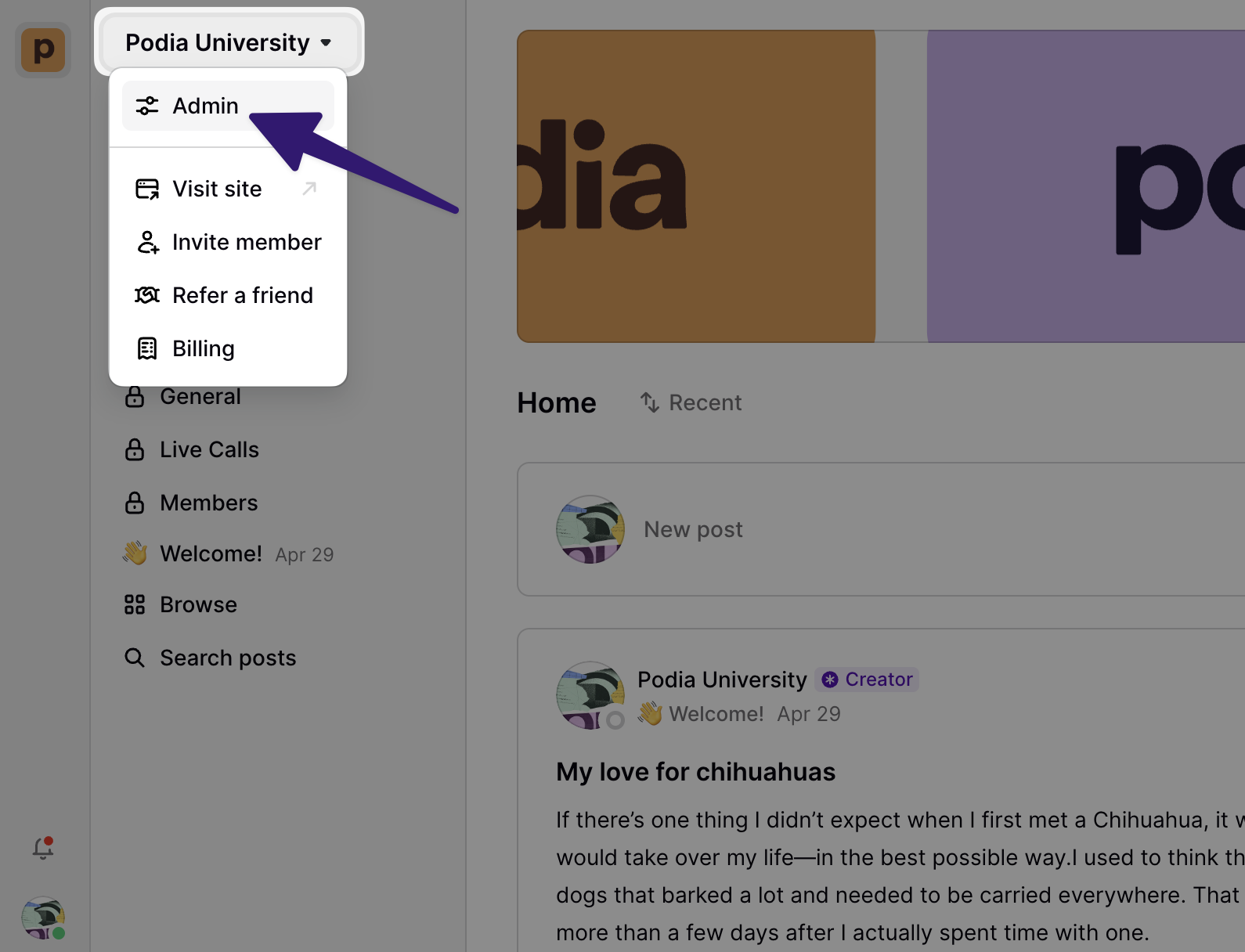 The Podia admin dashboard, with the site name dropdown open and Admin selected