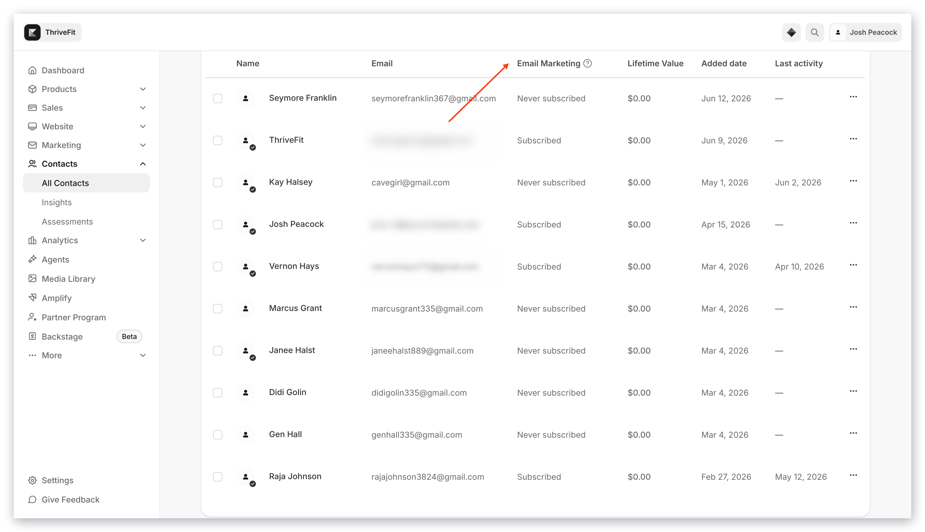 Subscription status in Contacts tab
