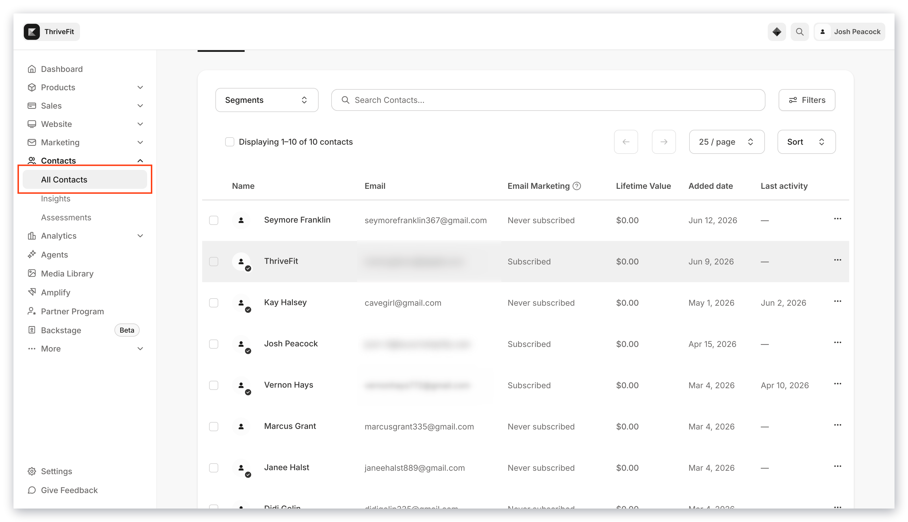 Contacts tab overview