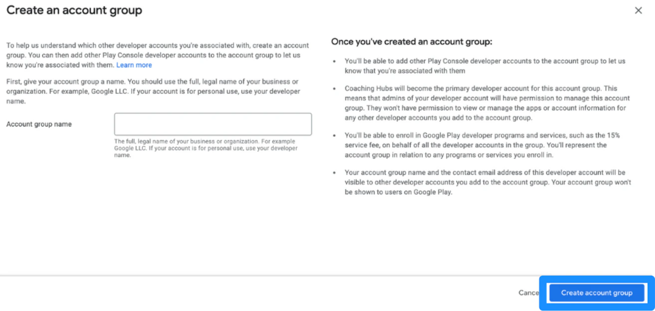 Create account group confirmation