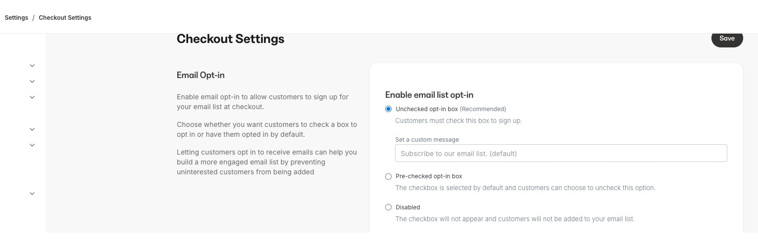 Email opt-in checkbox settings