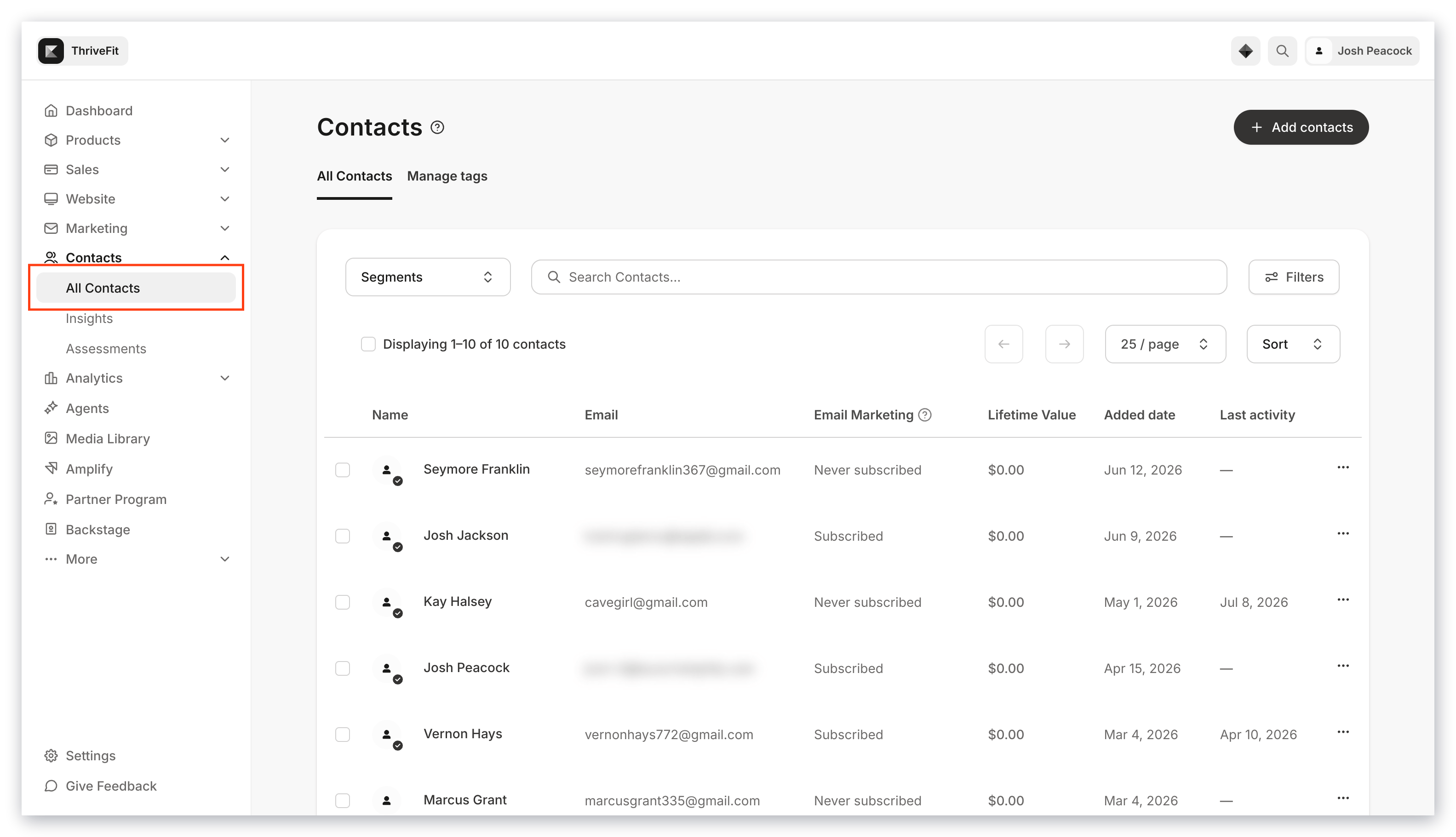 Kajabi Contacts page