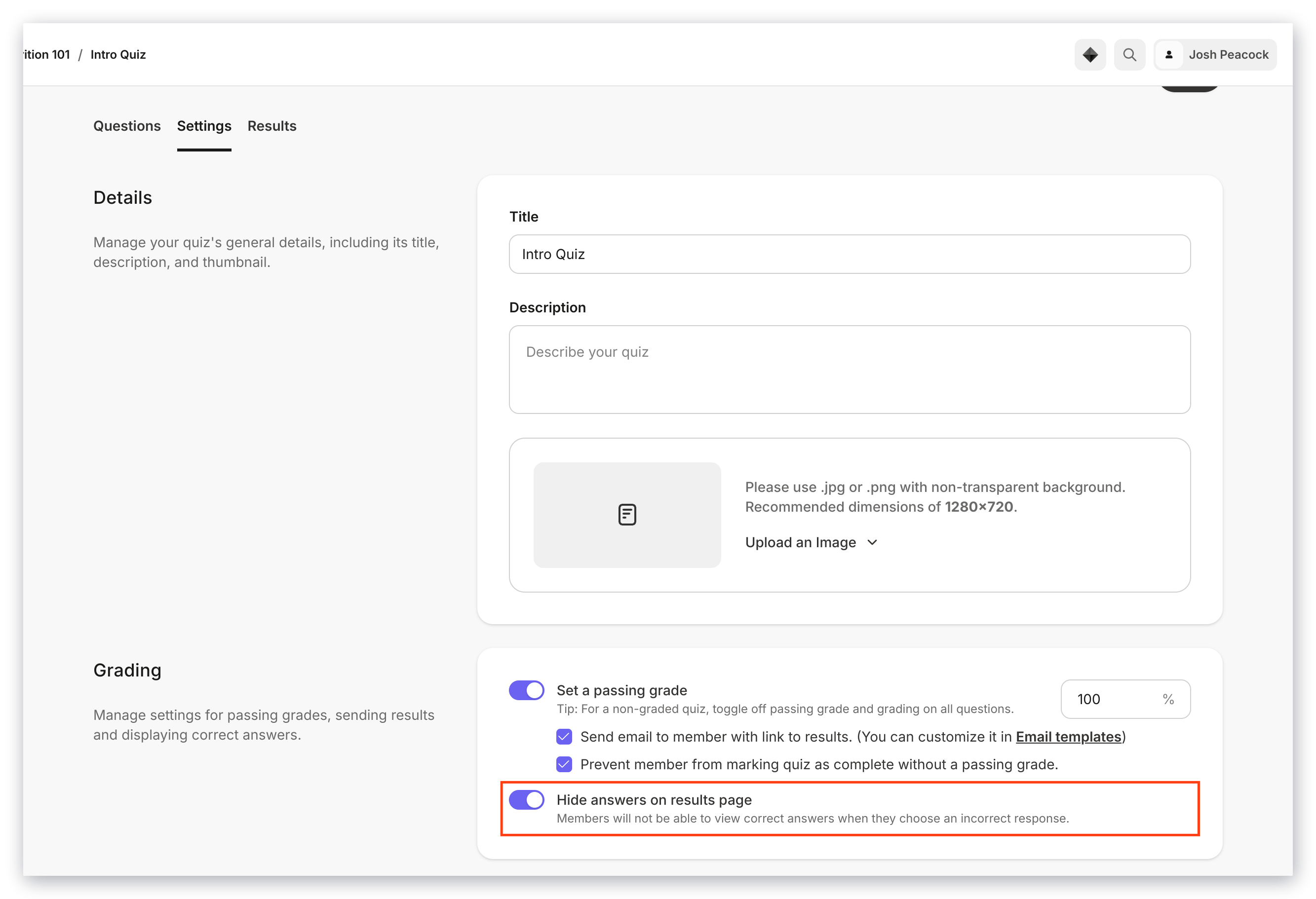 Hide answers setting
