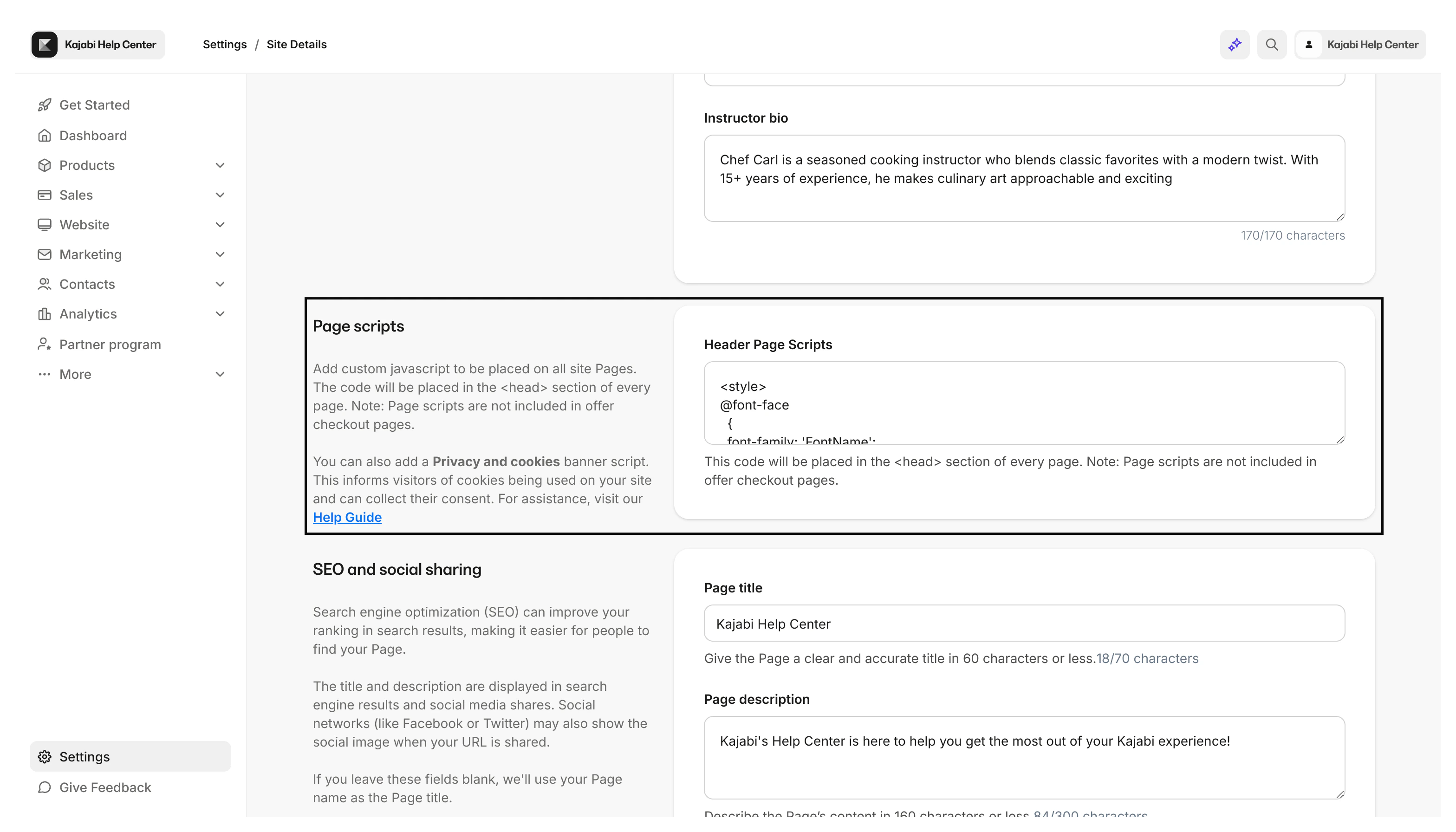 Page scripts settings