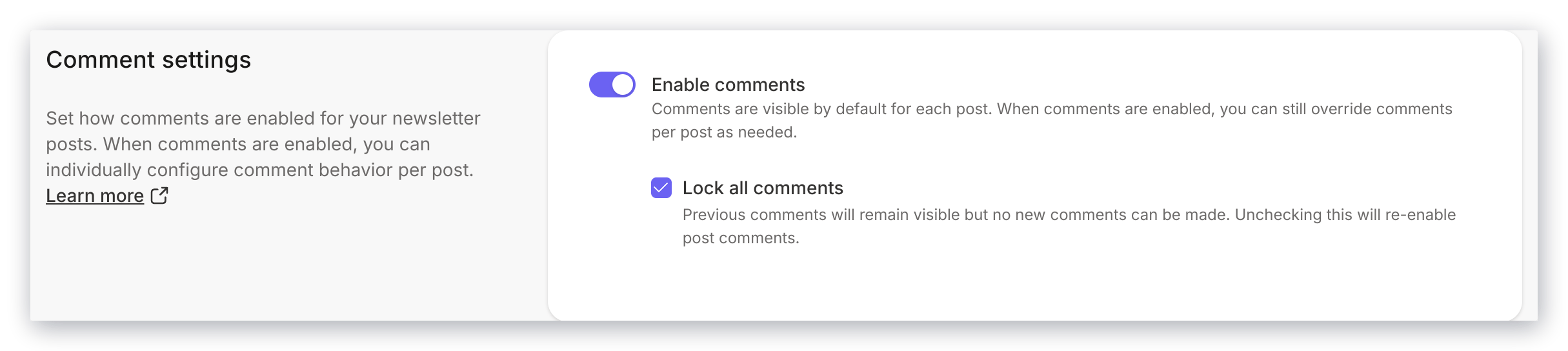 Comment settings toggle