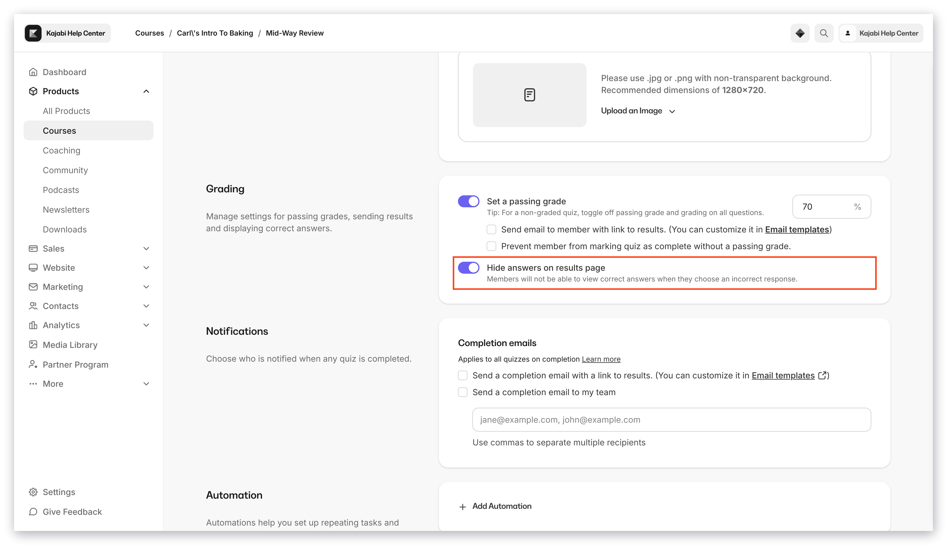 Hide answers setting