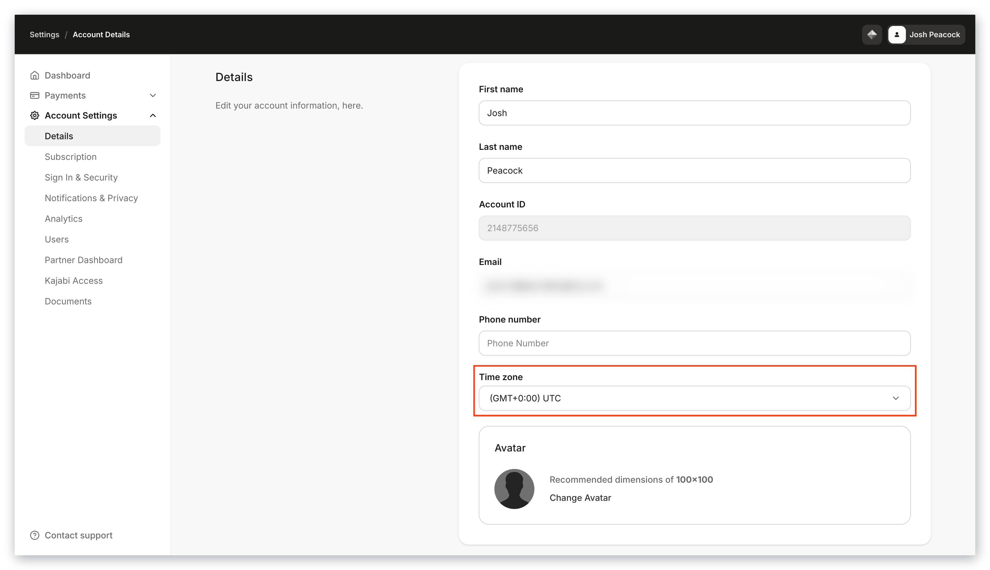 Account Details timezone