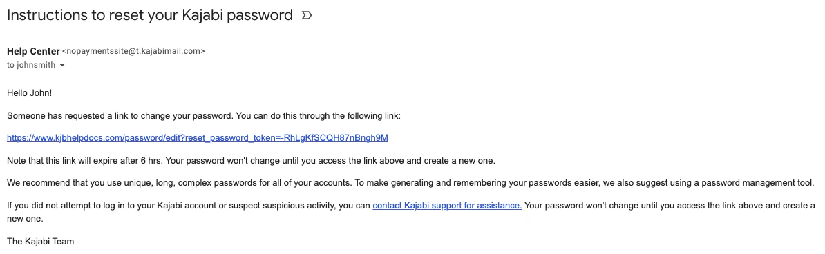 Password reset email received