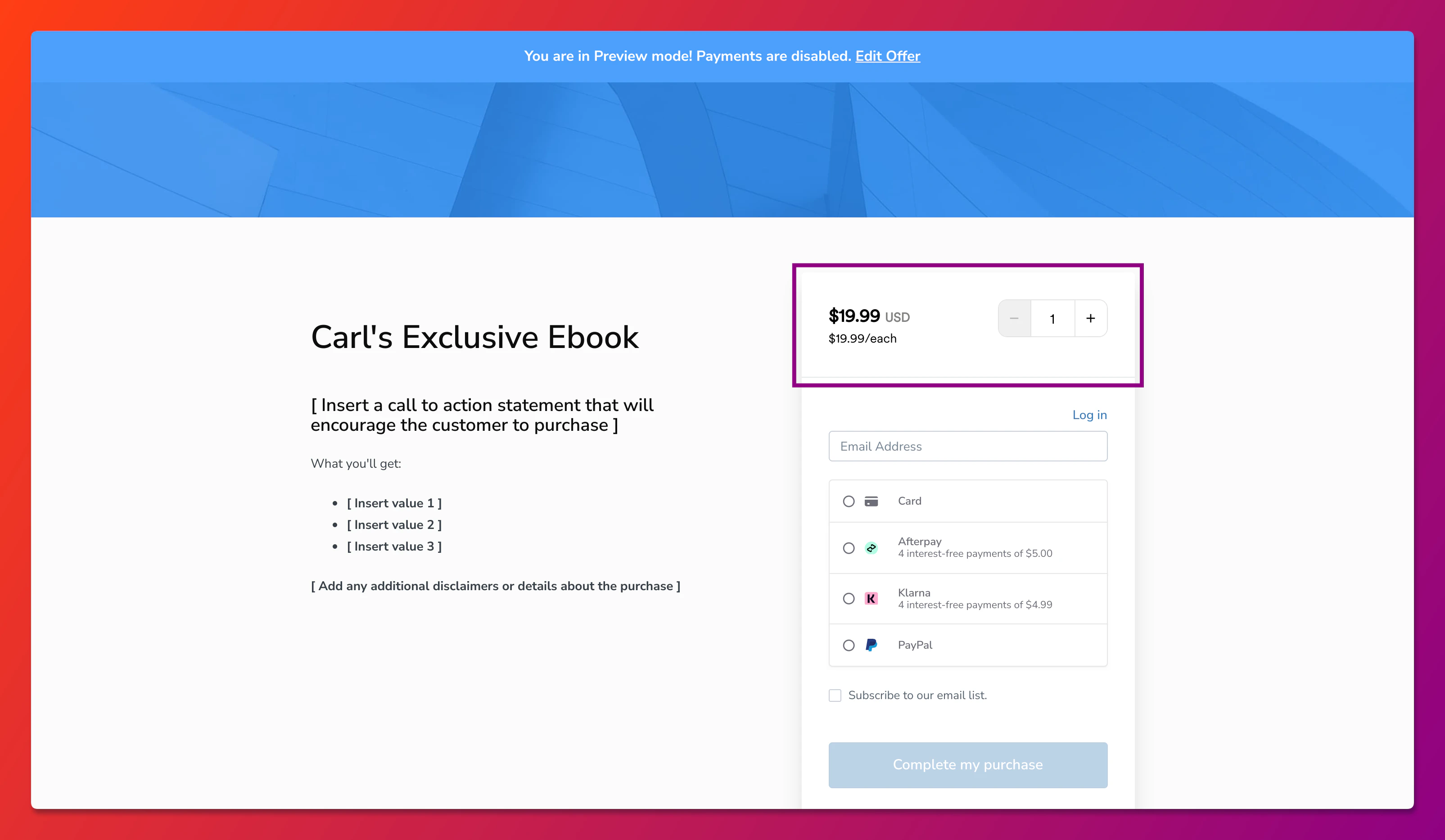 Checkout quantity selector