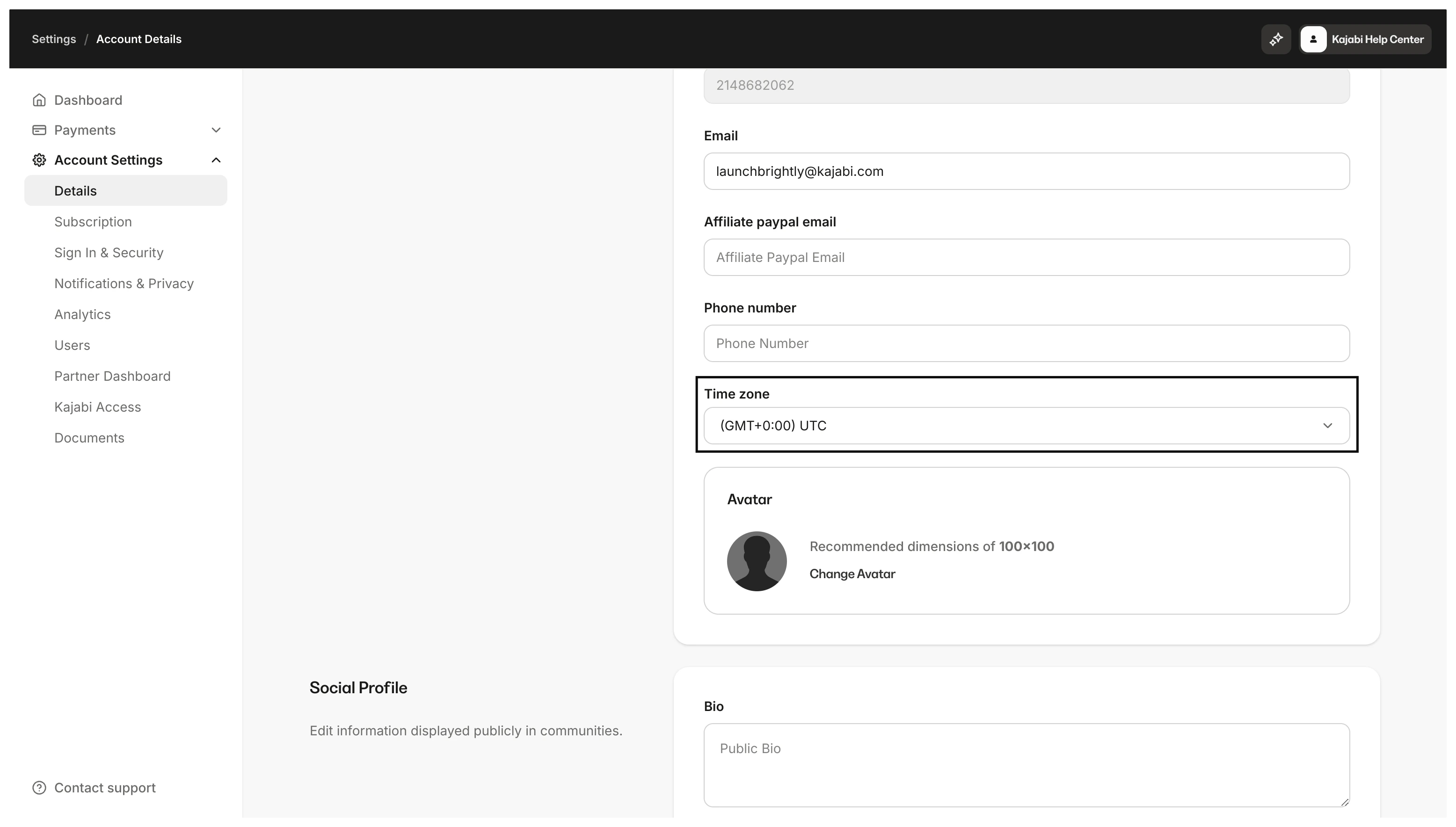 Account Details timezone
