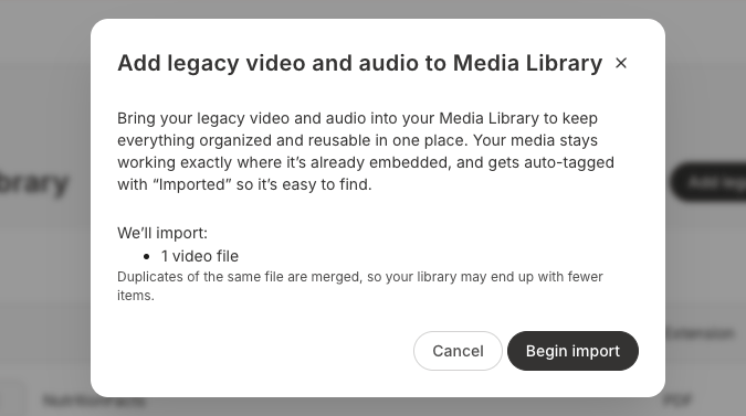 Add legacy video and audio to Media Library