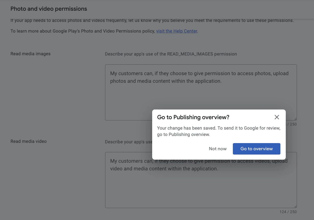 Publishing overview prompt